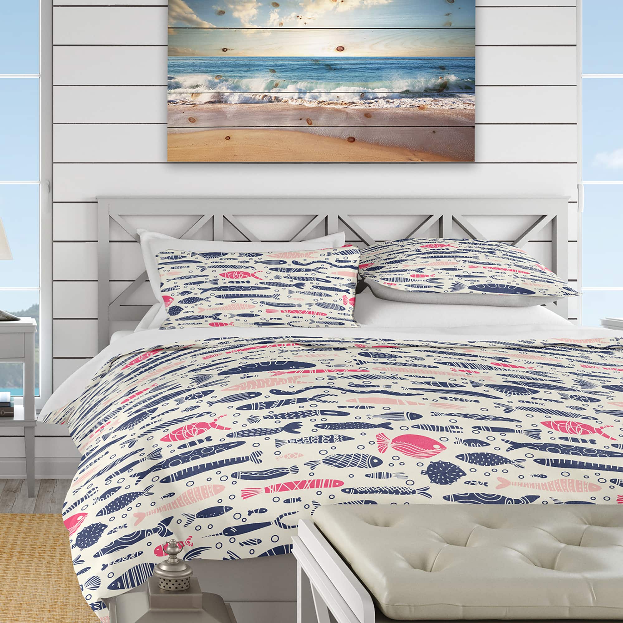 Designart &#x27;Cute Fishes with Doodles&#x27; Nautical &#x26; Coastal Bedding Set - Duvet Cover &#x26; Shams