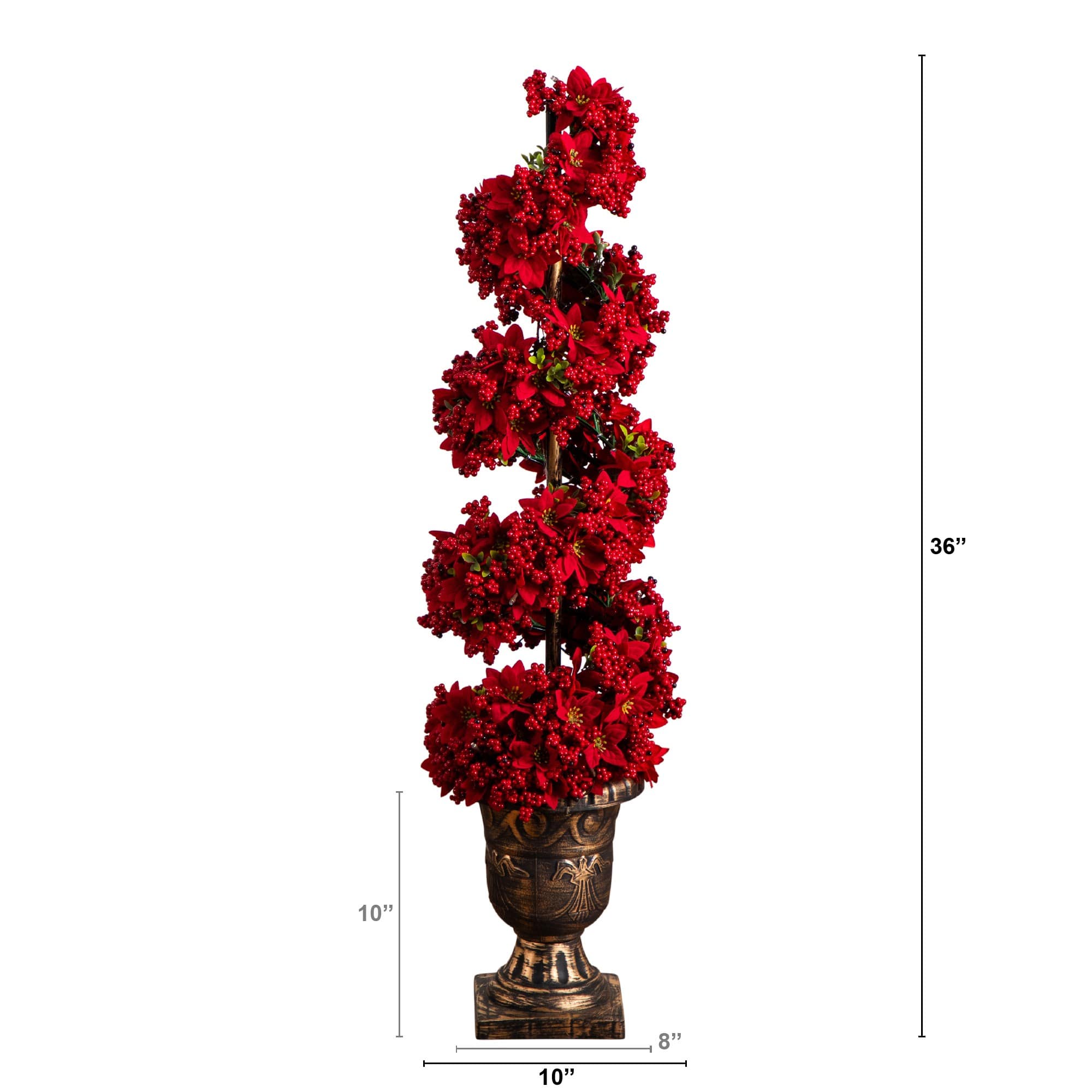 3ft. Pre-Lit Artificial Christmas Poinsettias and Berries Spiral Topiary Tree with 30 Warm White LED Lights