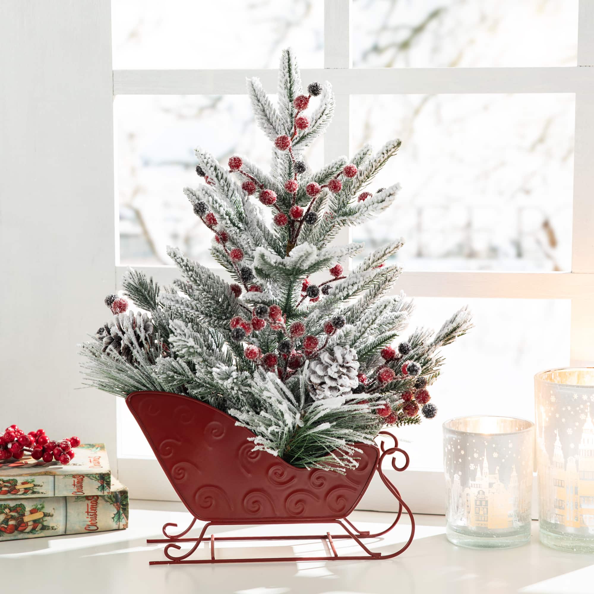 Glitzhome&#xAE; 21&#x22; Christmas Red Sleigh Frosted Floral Centerpiece