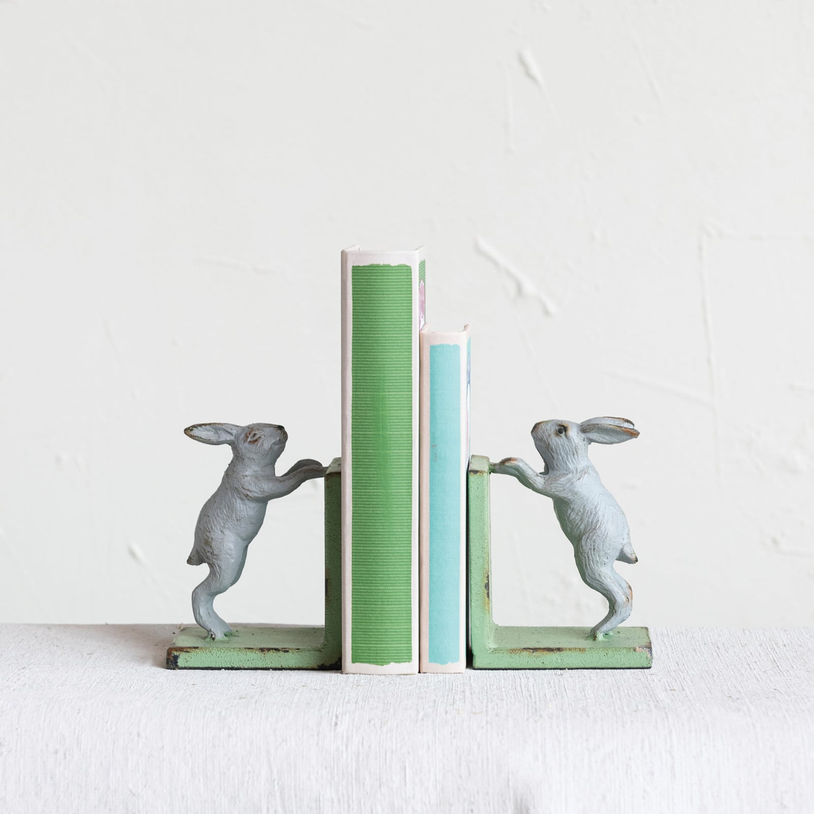 6 Gray & Green Iron Rabbit Bookends Set