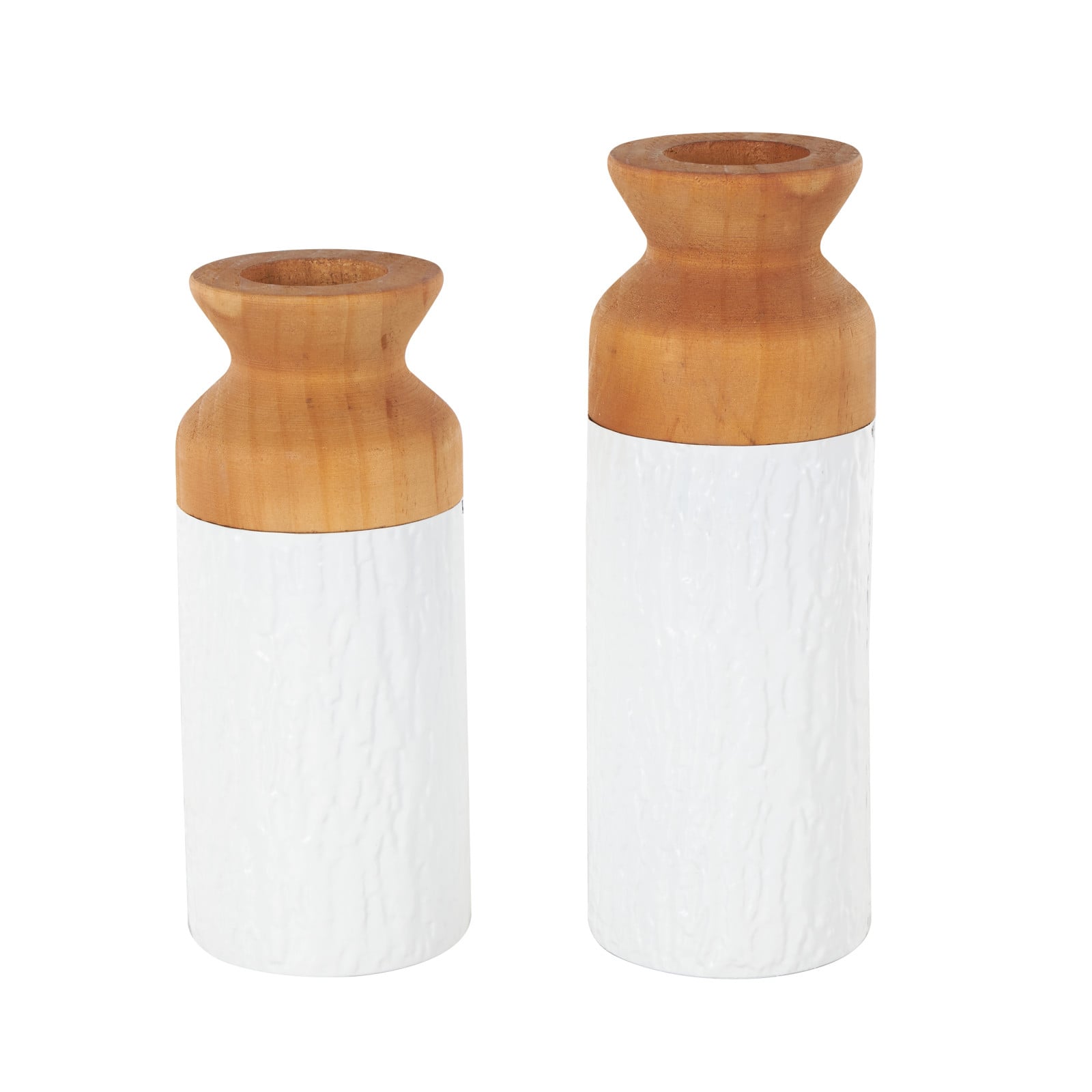 Brown & White Textured Metal & Wood Vase Set