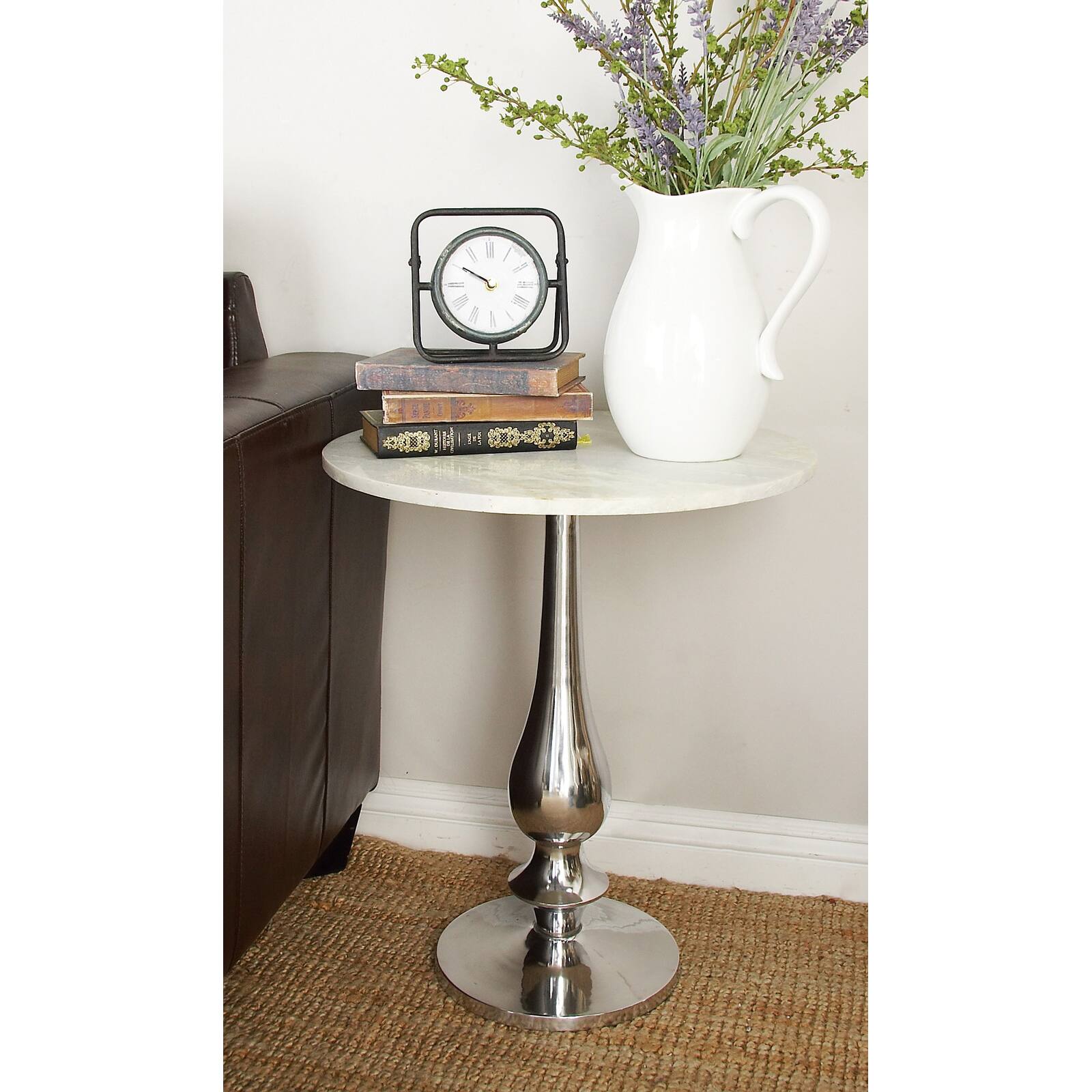 2ft. White Marble and Aluminum Traditional Accent Table