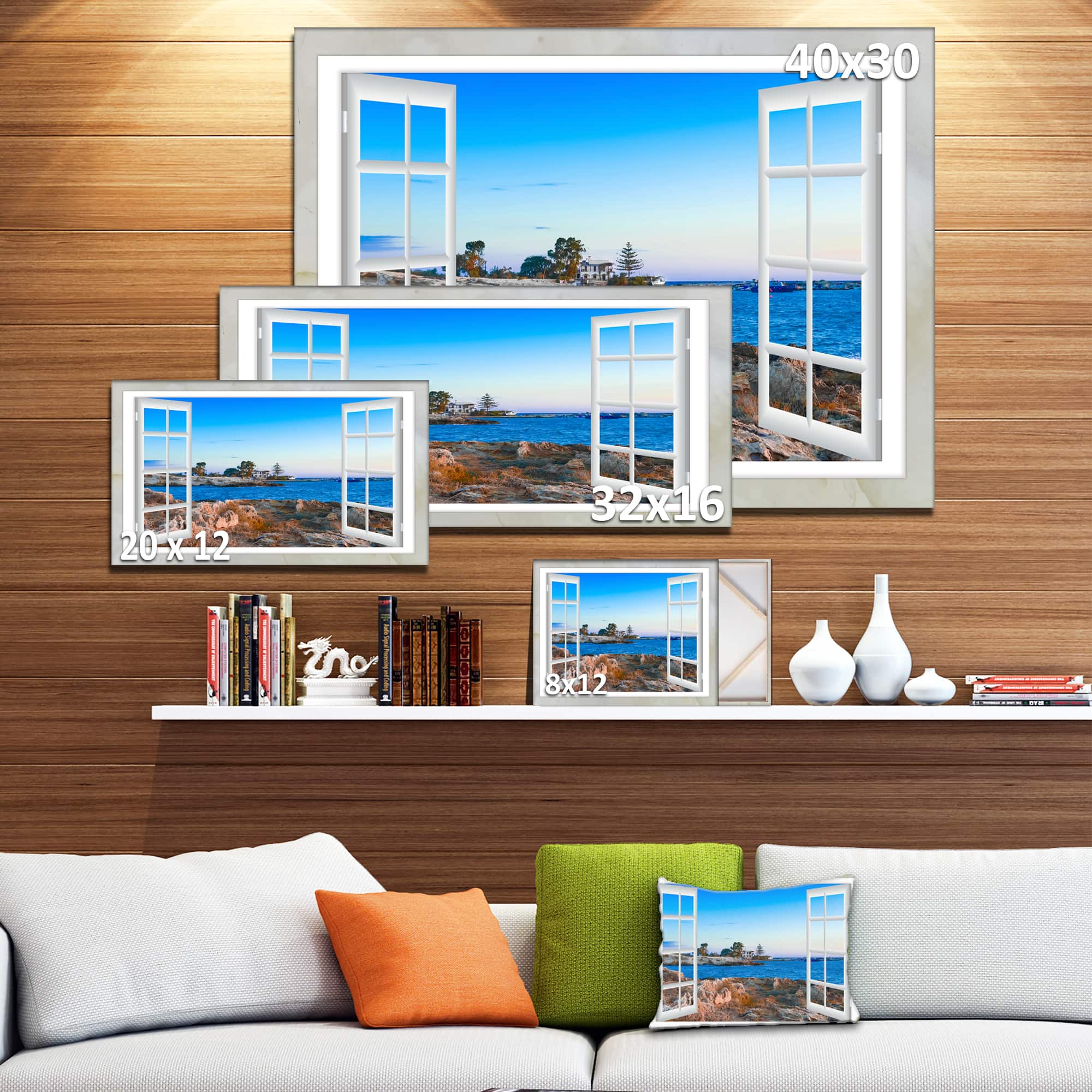 Designart - Open Window to Blue Seashore - Oversized Landscape Wall Art Print