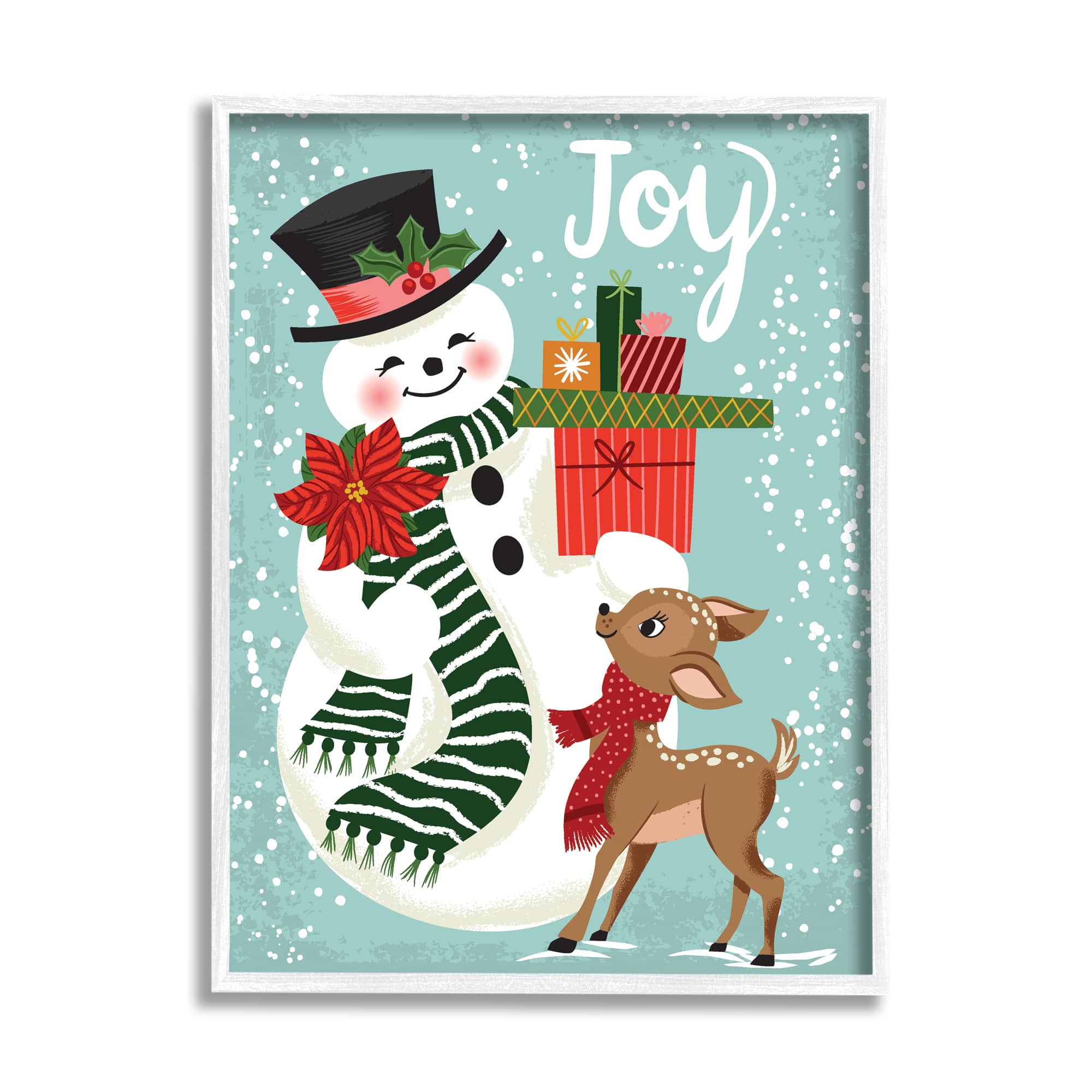 Stupell Industries Joy Smiling Snowman Holiday Deer Framed Giclee Art