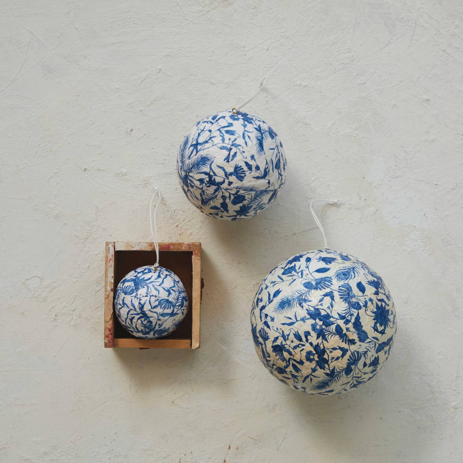 Hello Honey&#xAE; 12 Pack 3&#x22; Blue &#x26; Cream Round Printed Paper Mache Ball Ornaments with Flowers &#x26; Peacock Feather Design