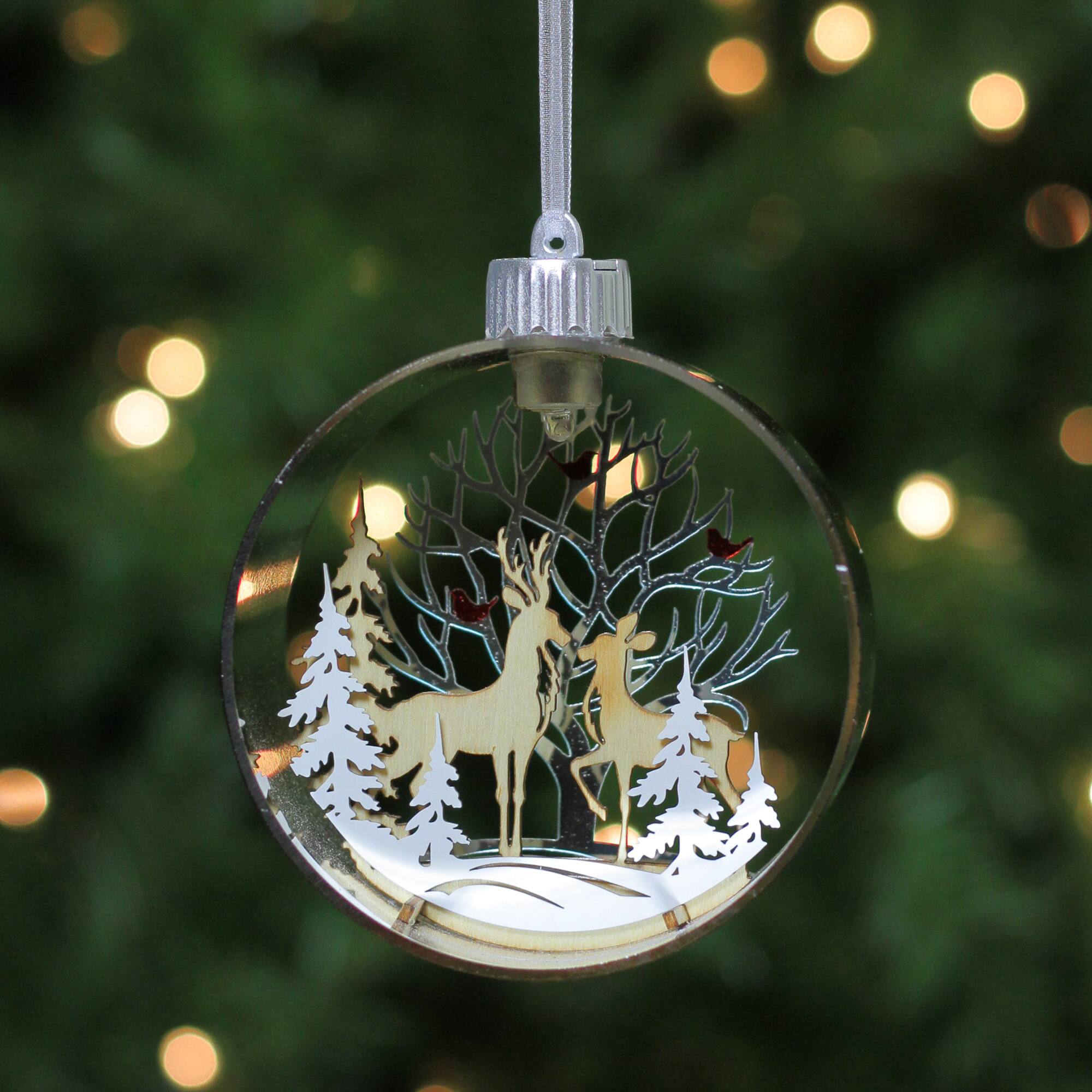 5&#x22; Pre-Lit Silver Woodland Animals Christmas Ornament