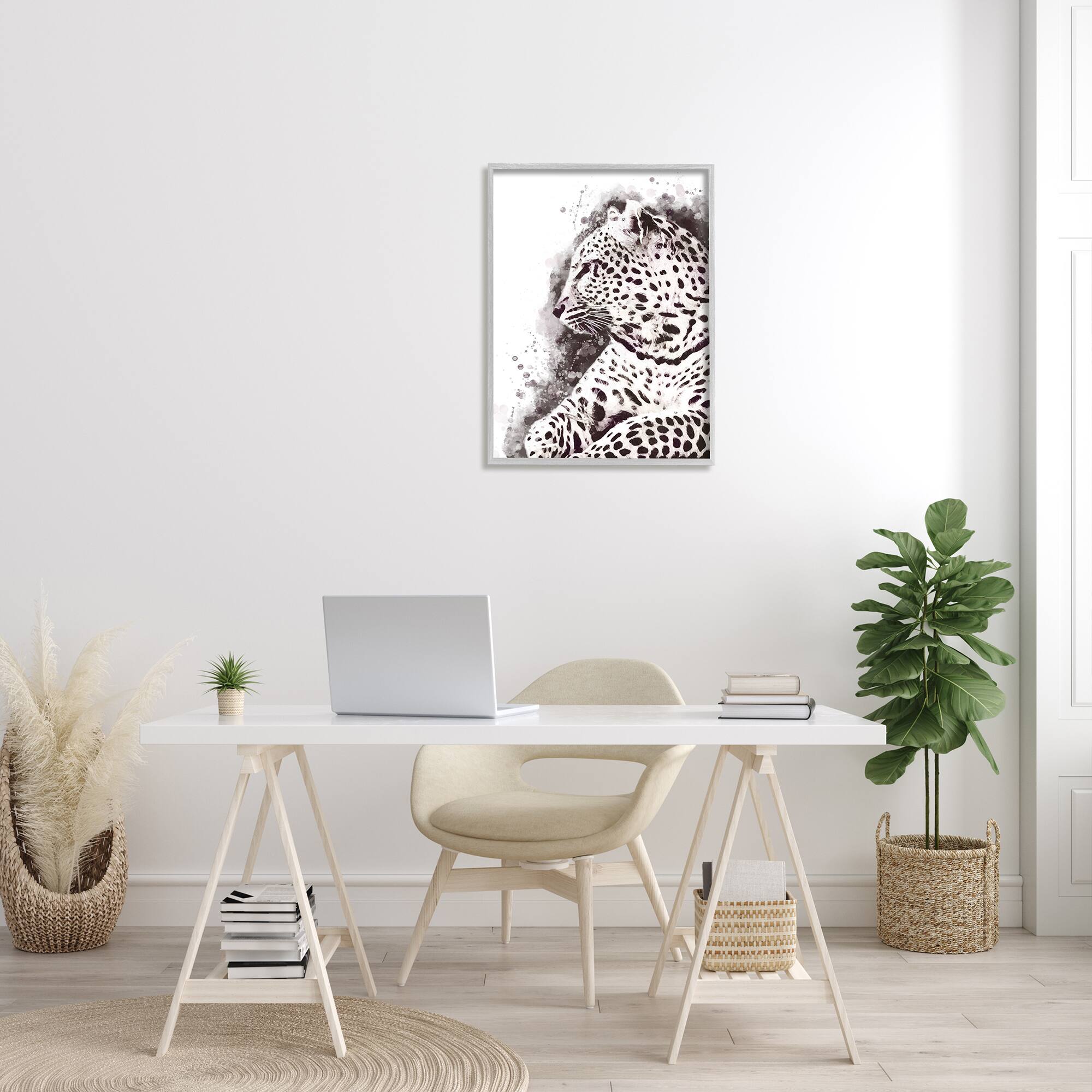 Stupell Industries Jungle Cat Paint Splatter Resting Cheetah Grey White in Gray Frame Wall Art