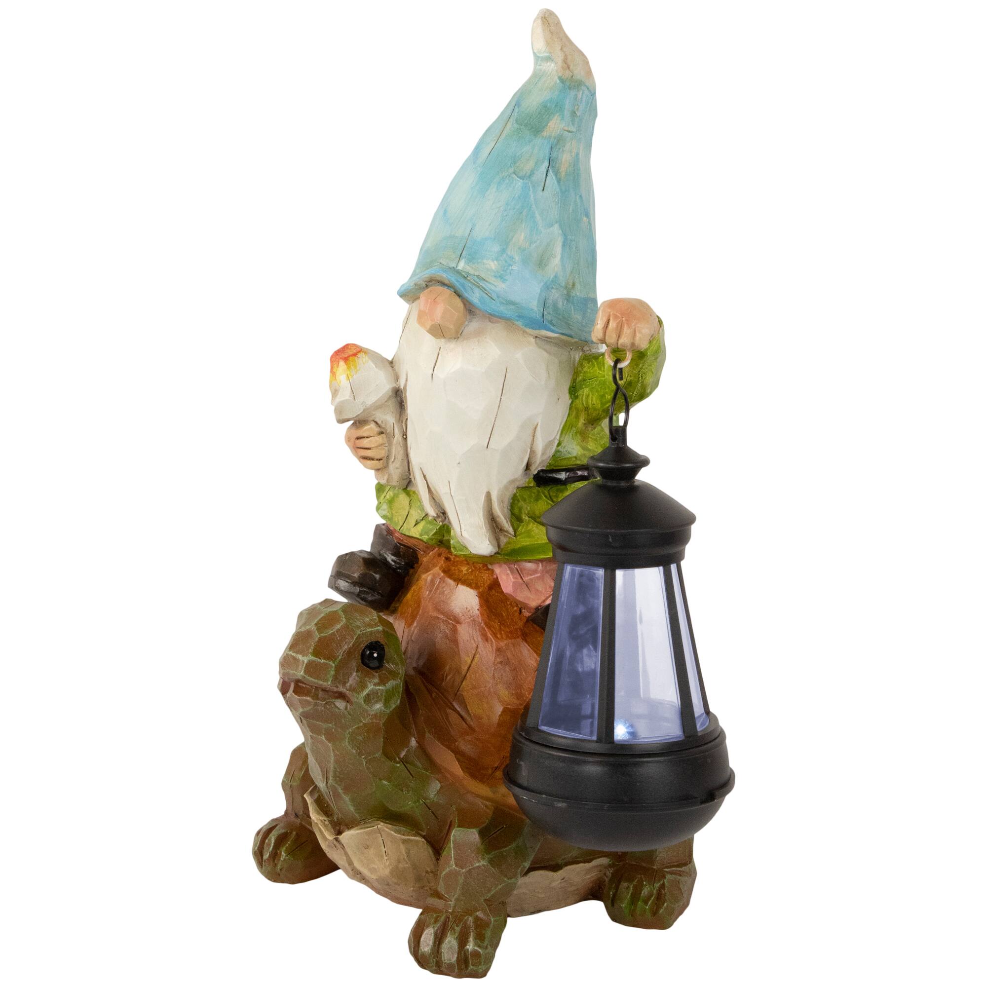 12.5&#x22; Solar LED-Lit Gnome &#x26; Turtle Outdoor Garden Statue