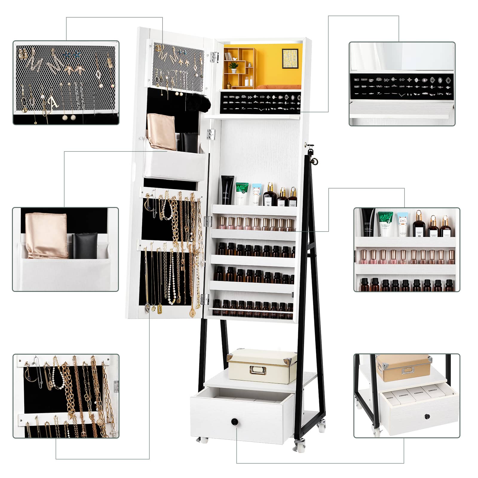 NEX™ 5ft. Pure White Jewelry Armoire on Casters with Chest Drawer