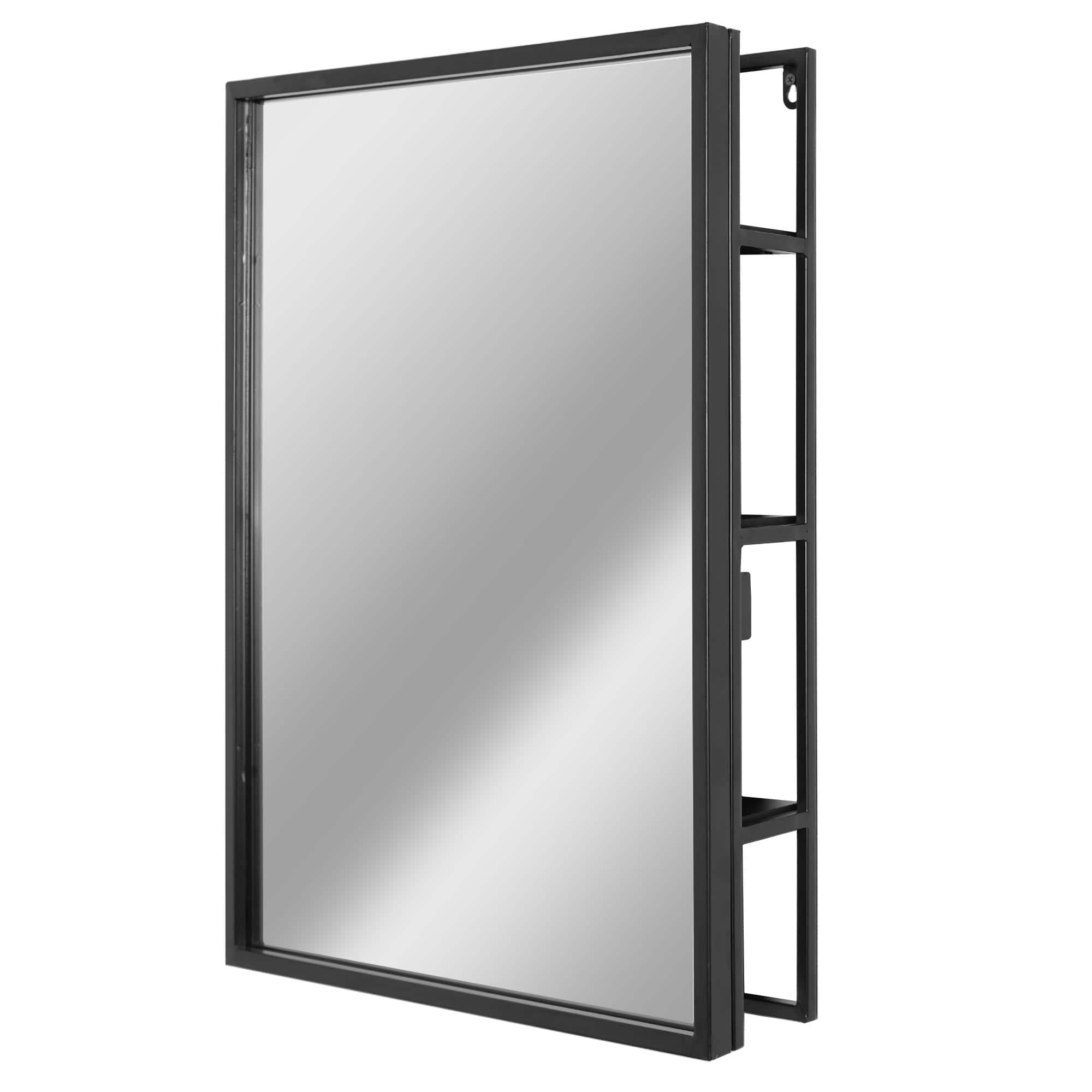 Black Metal Frame Rectangle Vanity Wall Mirror with Shelves, 18&#x22; x 24&#x22;