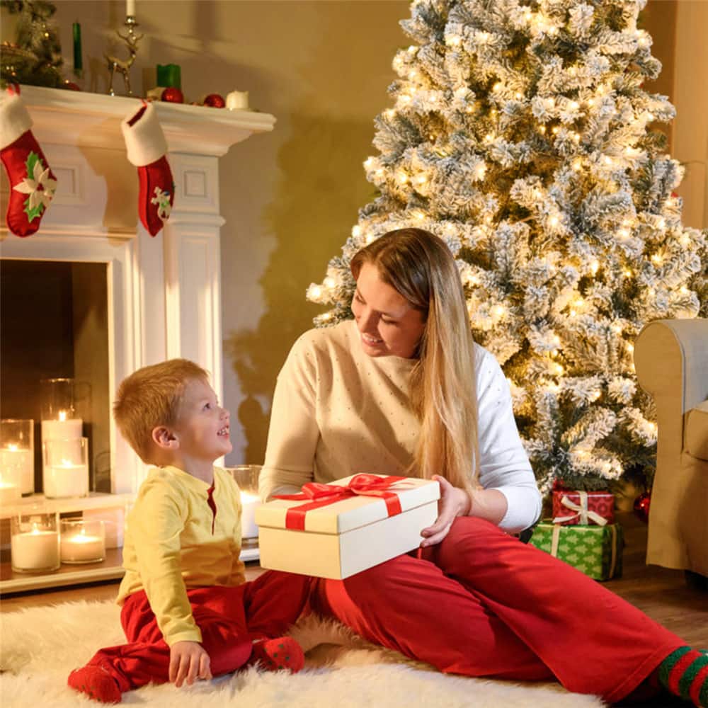 Costway 7.5ft. Pre-Lit Snow-Flocked Artificial Christmas Tree, Warm White LED Lights