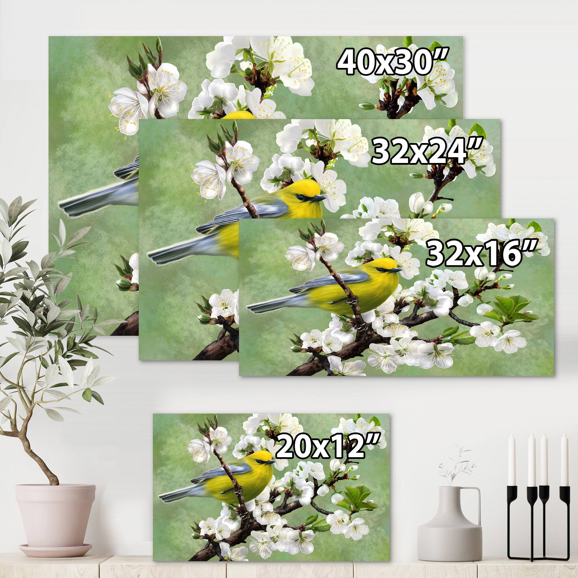 Designart - Bird On A Branch of Cherry - Traditional Canvas Wall Art Print