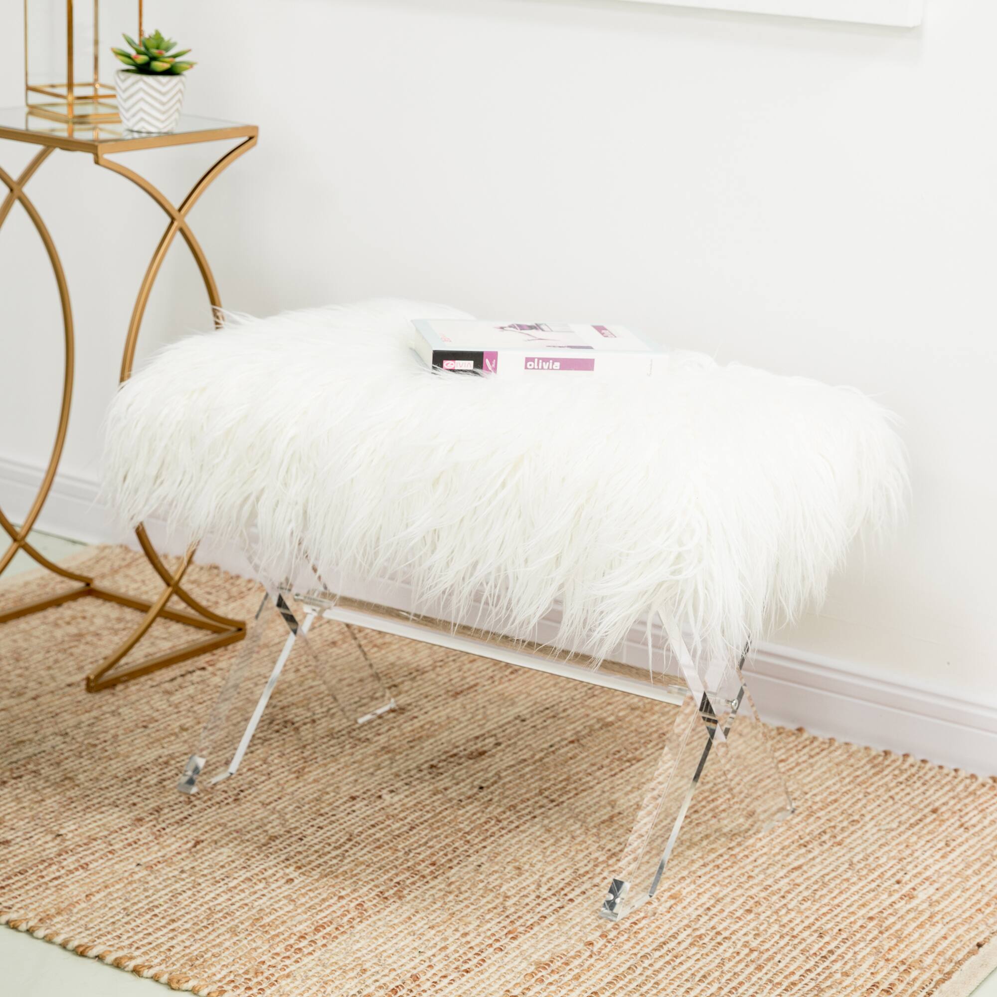 Glitzhome® 25.5" White Faux Fur Acrylic Bench