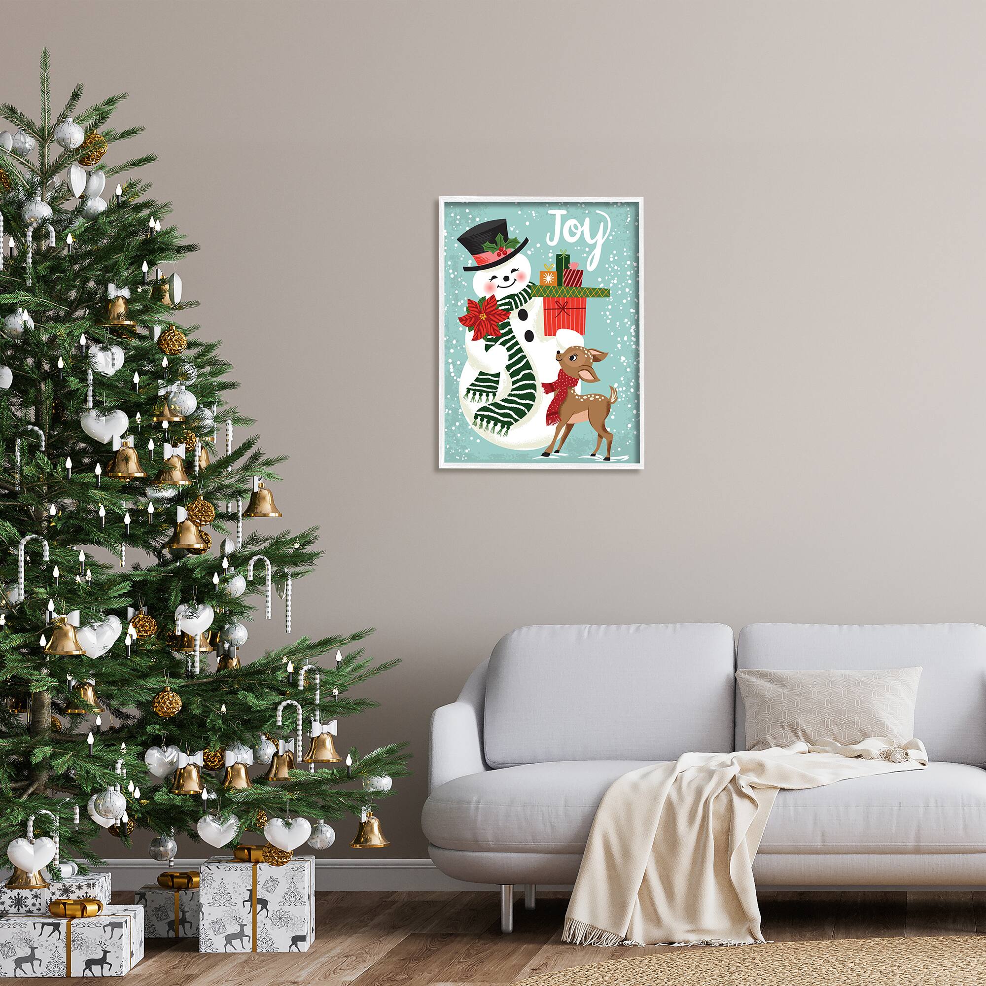 Stupell Industries Joy Smiling Snowman Holiday Deer Framed Giclee Art