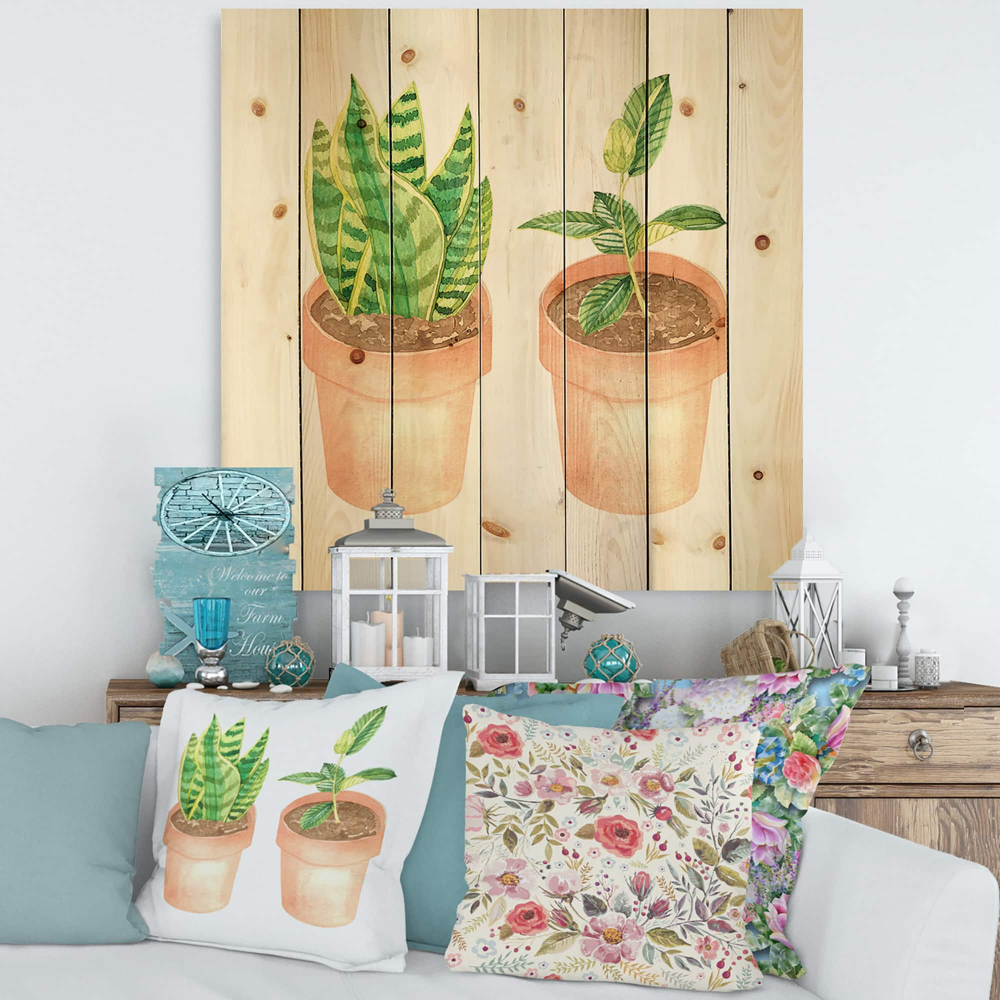 Designart - Sansevieria &#x26; Ficus Indoor Green Home House Plants - Traditional Print on Natural Pine Wood