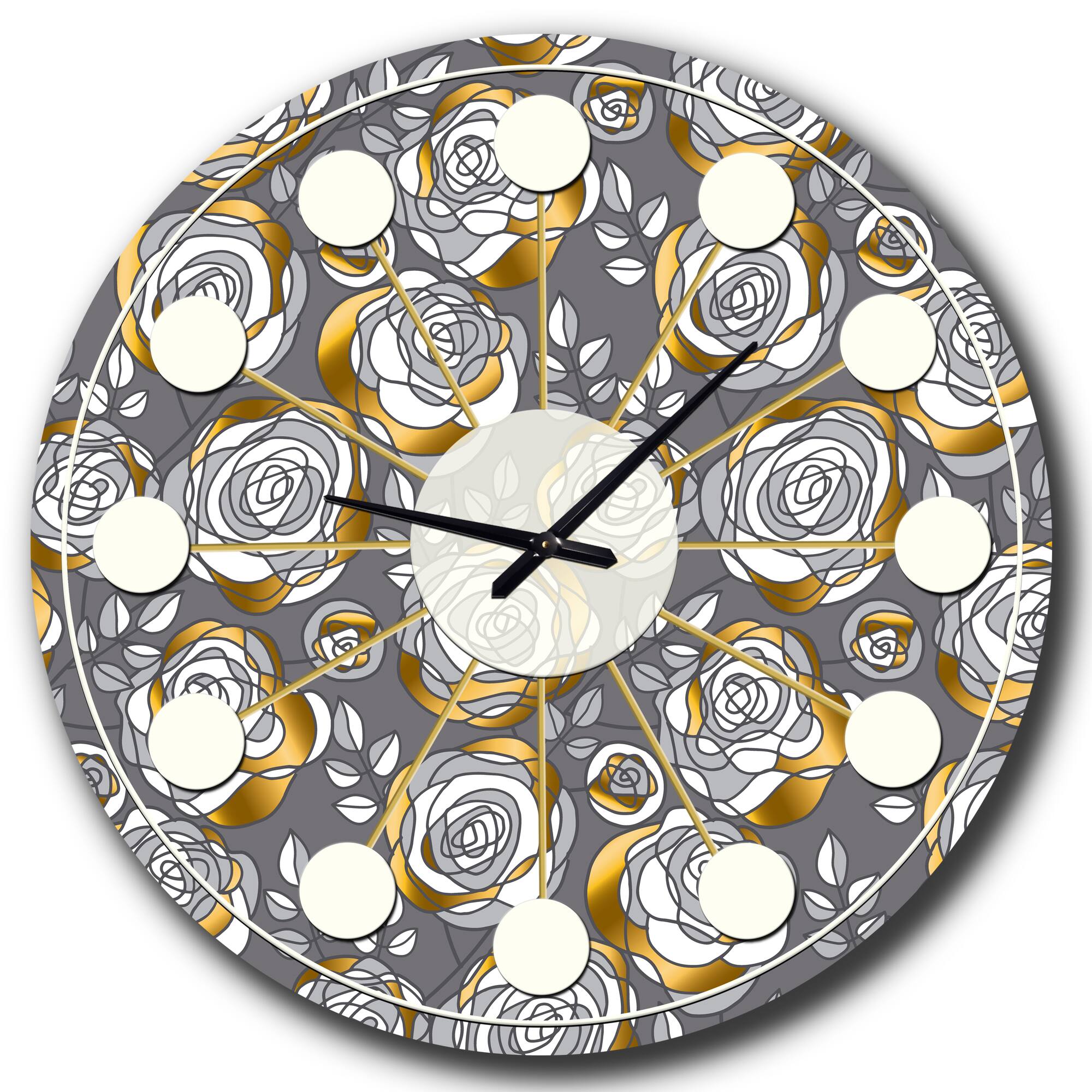 Designart &#x27;Golden Rose Flowers Mid-Century Modern Wall Clock