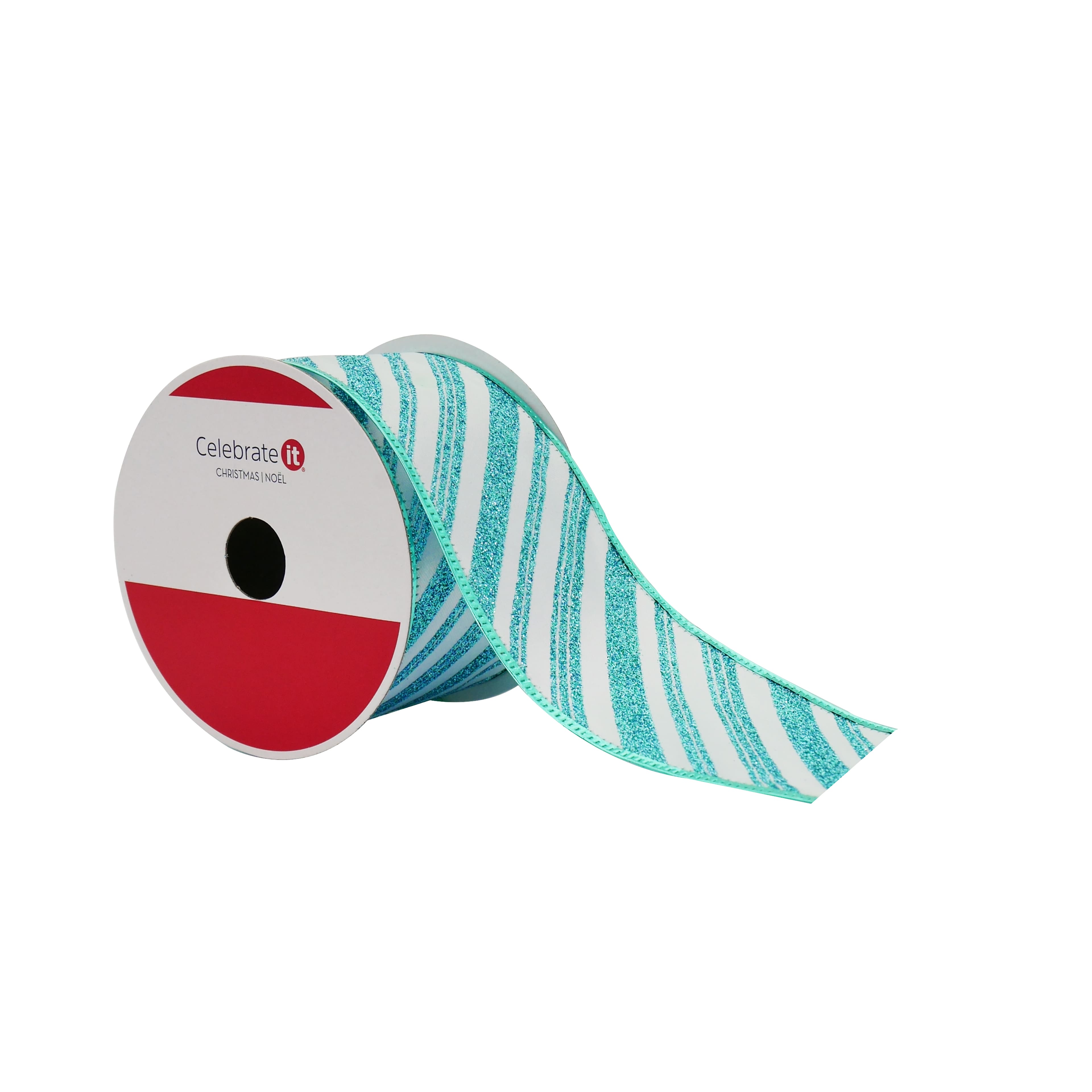 2.5&#x22; x 20ft. Turquoise Glitter Diagonal Stripes Wired Taffeta Ribbon by Celebrate It&#xAE;