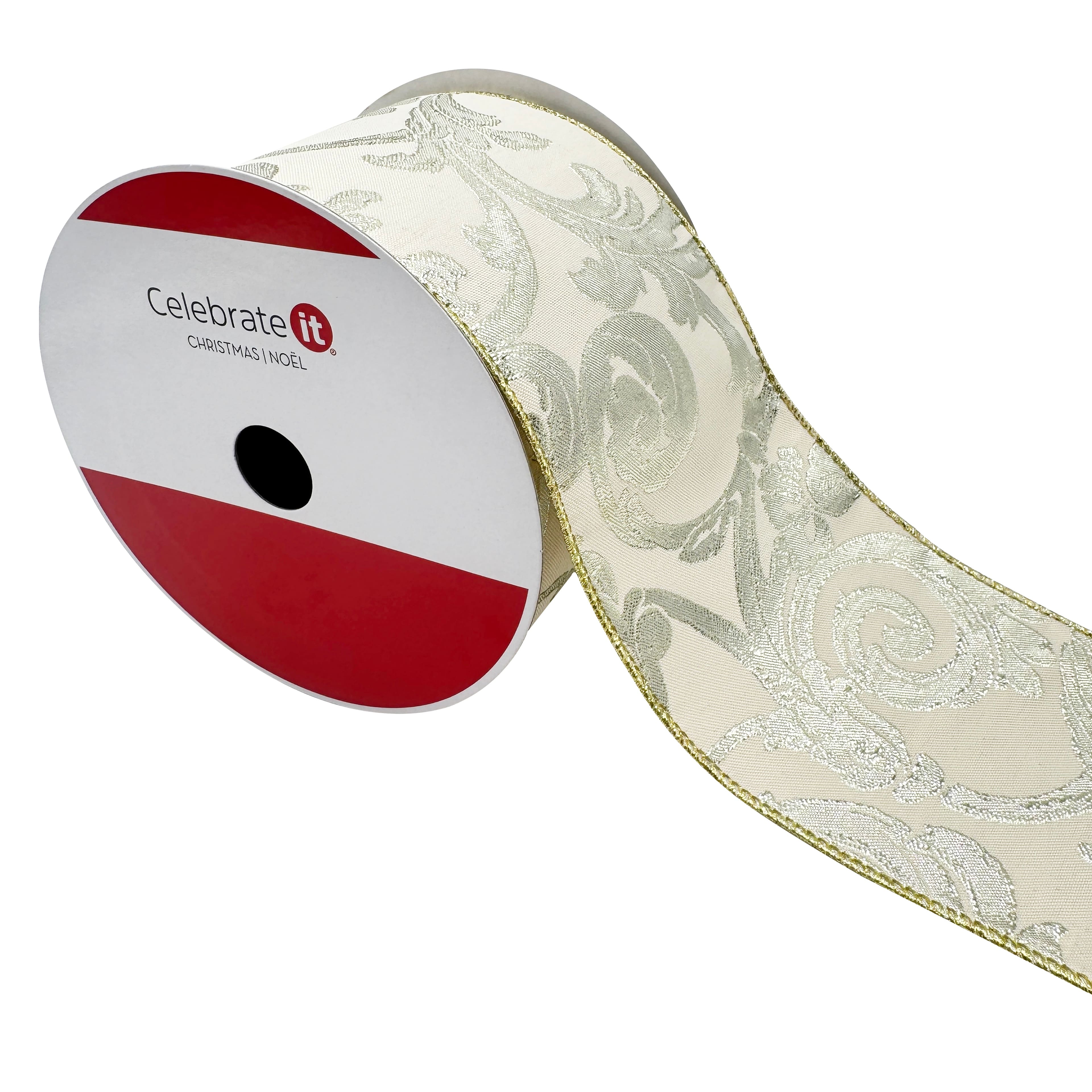 3.5&#x22; x 15ft. Silver Jacquard Scroll Wired Ribbon by Celebrate It&#xAE;