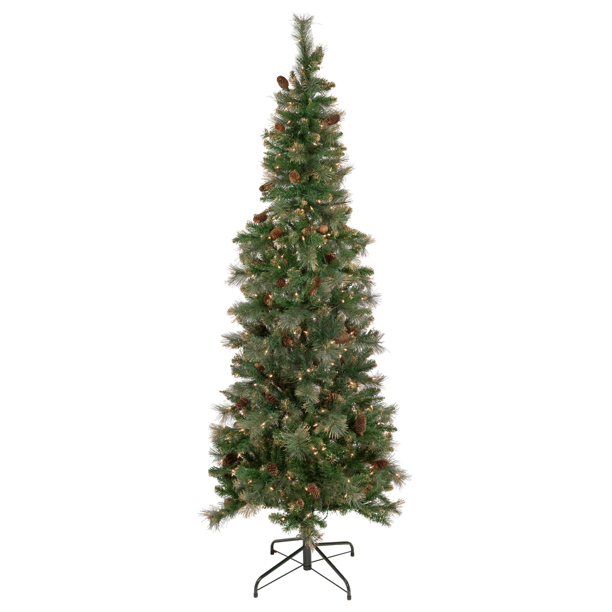 7ft. Pre-Lit Yorkshire Pine Pencil Artificial Christmas Tree with Pinecones & Gold Glitter, Clear Lights
