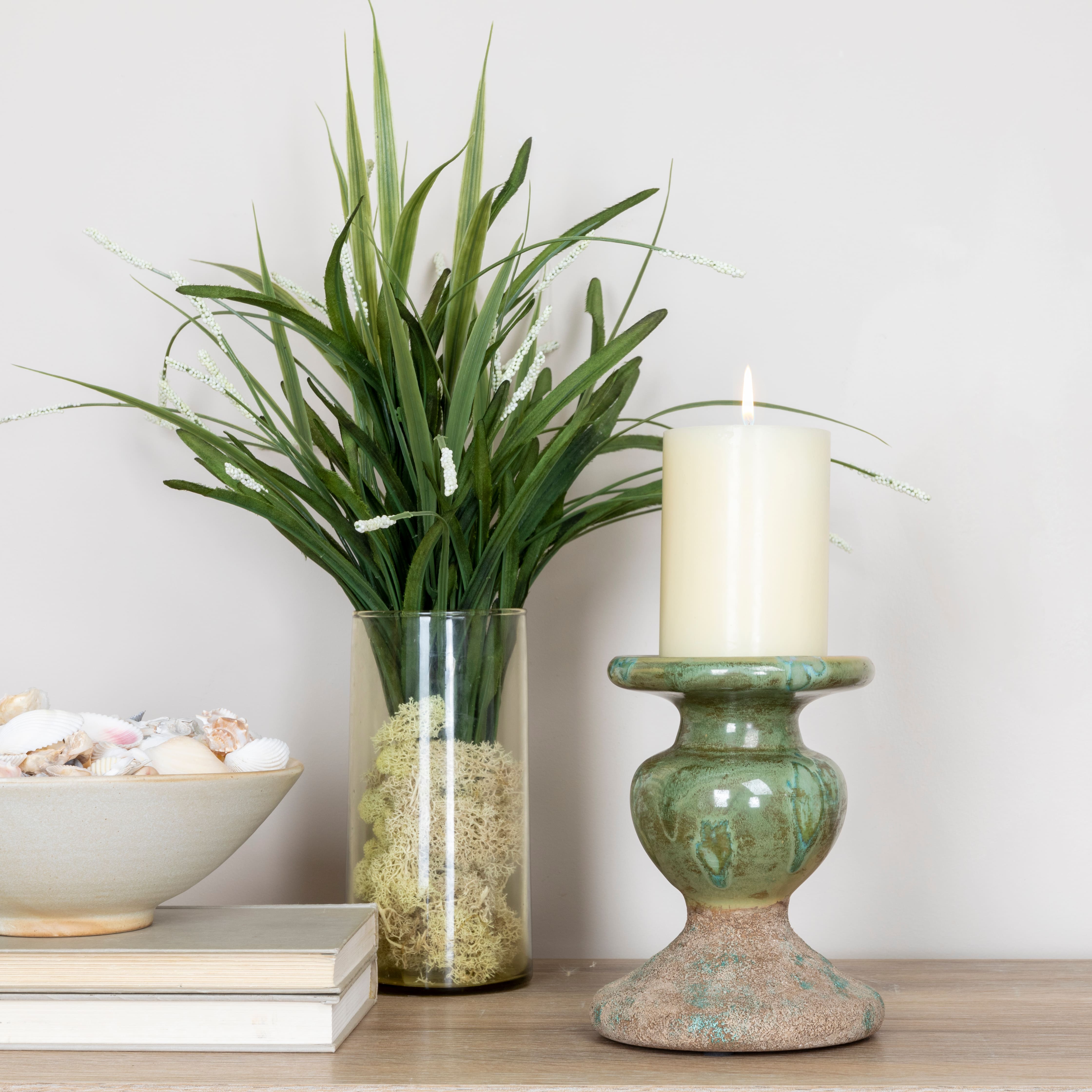 Hello Honey® Distressed Green 2-Tone Sculptural Terracotta Pillar Candle Holder