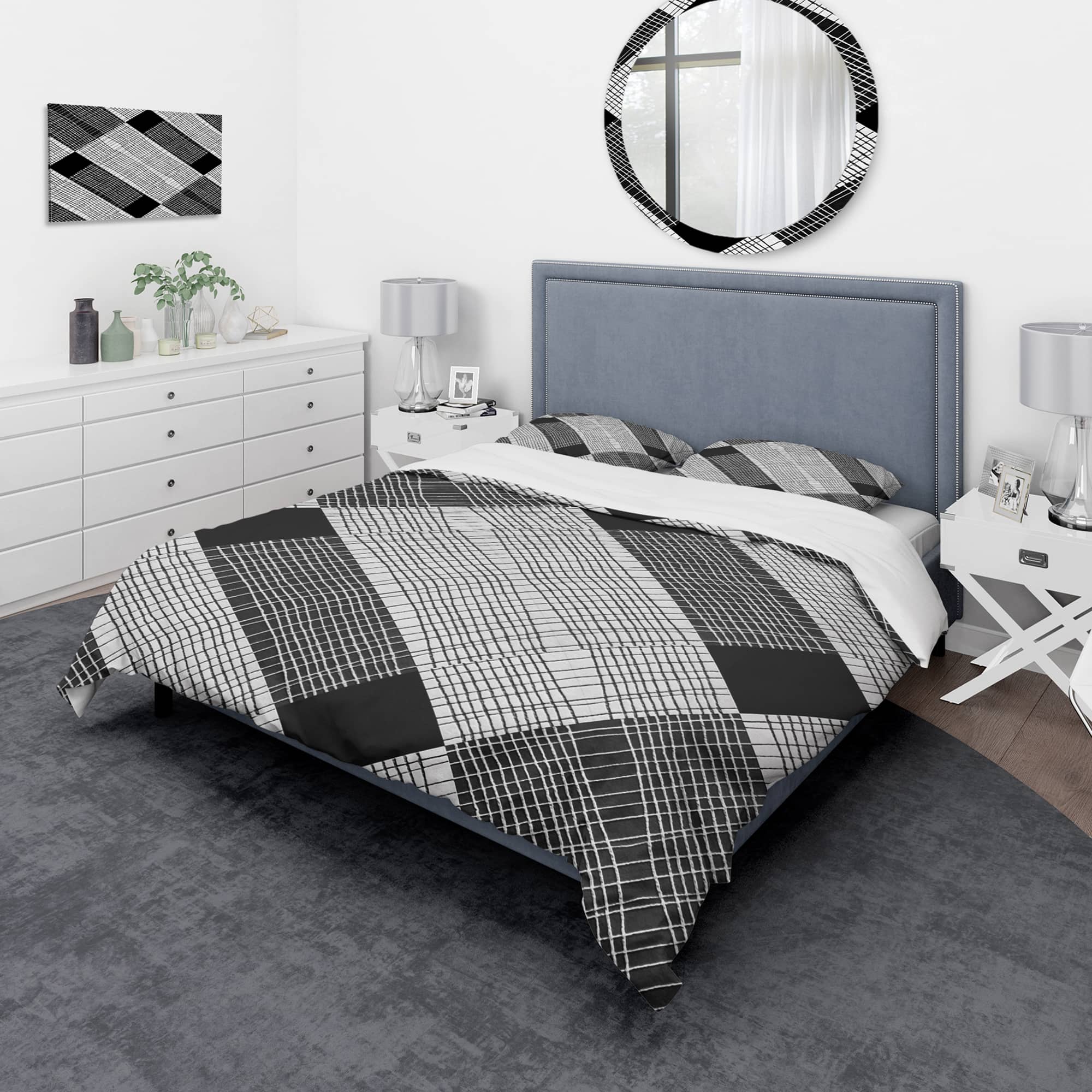 Designart &#x27;Black and White Check Stipes Pattern&#x27; Modern &#x26; Contemporary Bedding Set - Duvet Cover &#x26; Shams