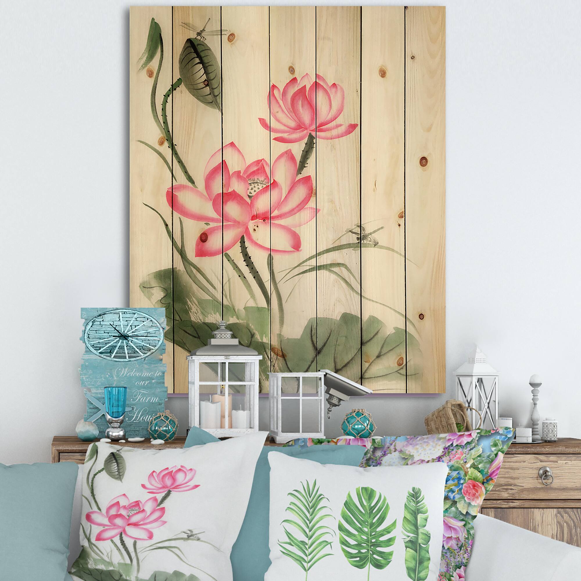 Designart - Lotus and The Dragonfly I - Traditional Print on Natural Pine Wood