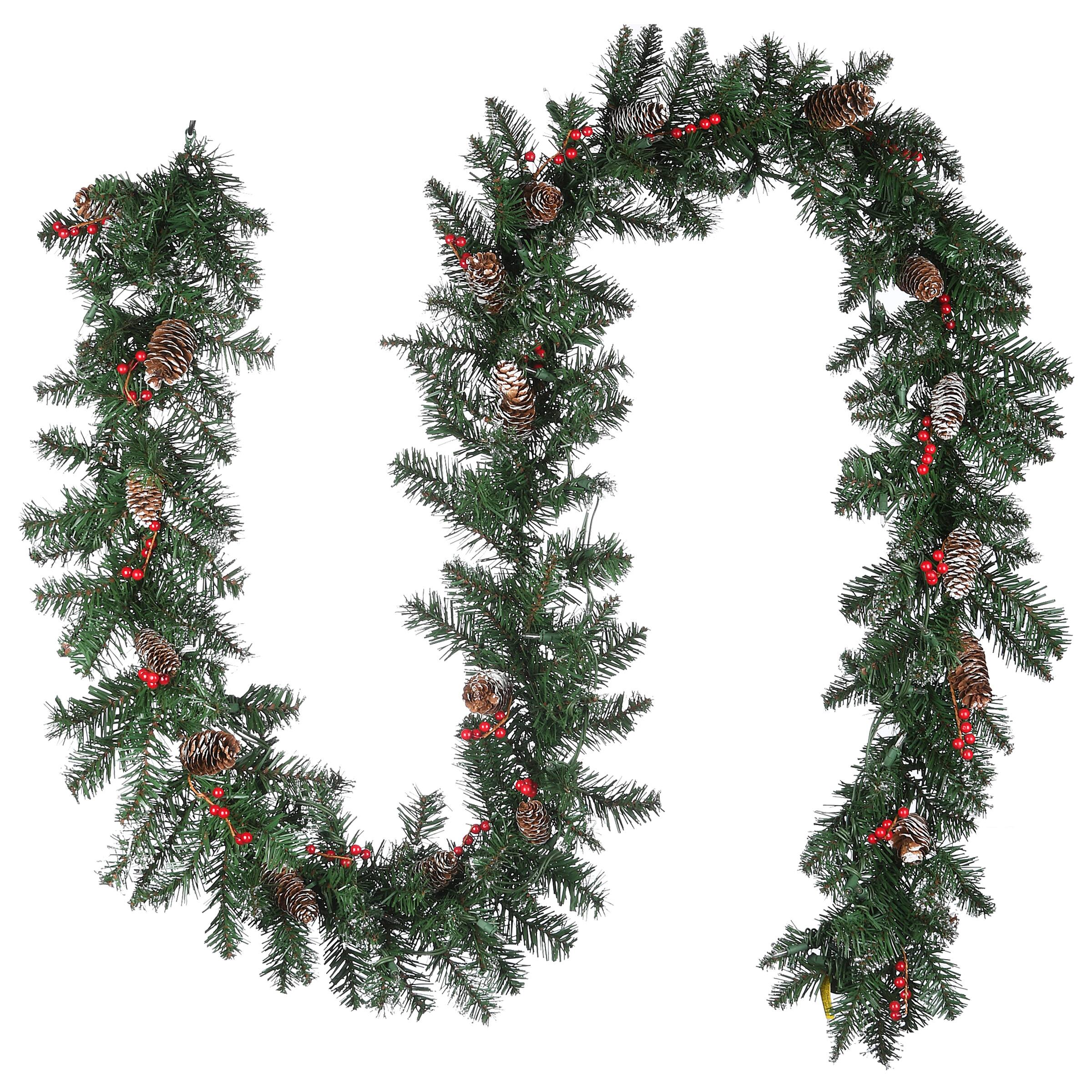 9&#x27; x 10&#x22; Pre-lit Glittery Mountain Spruce Artificial Christmas Garland with White Edged Cones, Red Berries and 50 Clear Lights