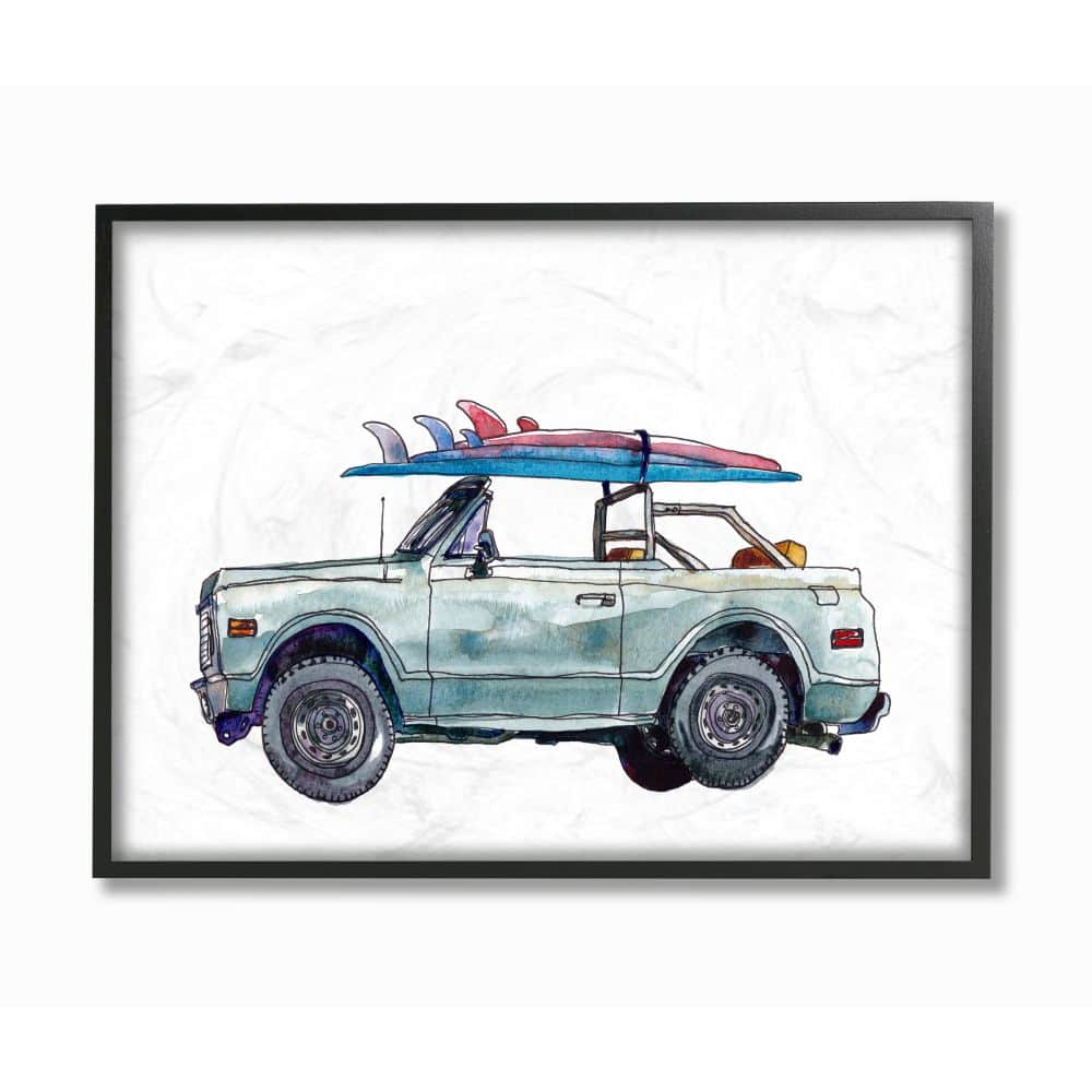 Stupell Industries Retro Beach Cruiser with Surfboard Minimal Illustration Framed Wall Art 