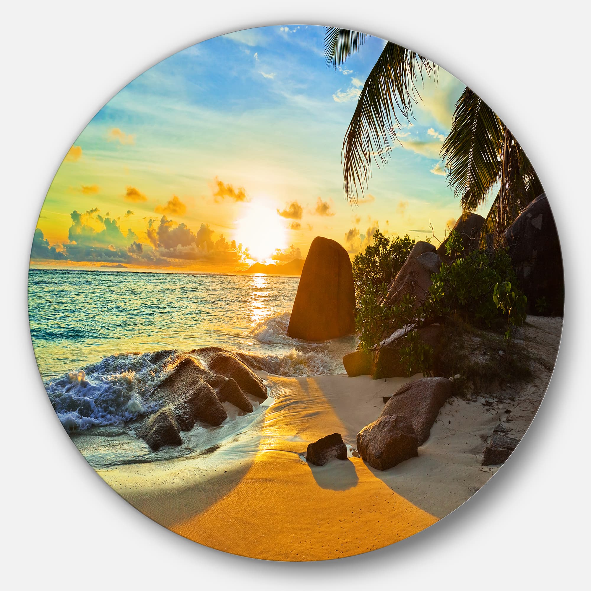 Designart - Sunset in Tropical Beach&#x27; Disc Landscape Photography Circle Metal Wall Art