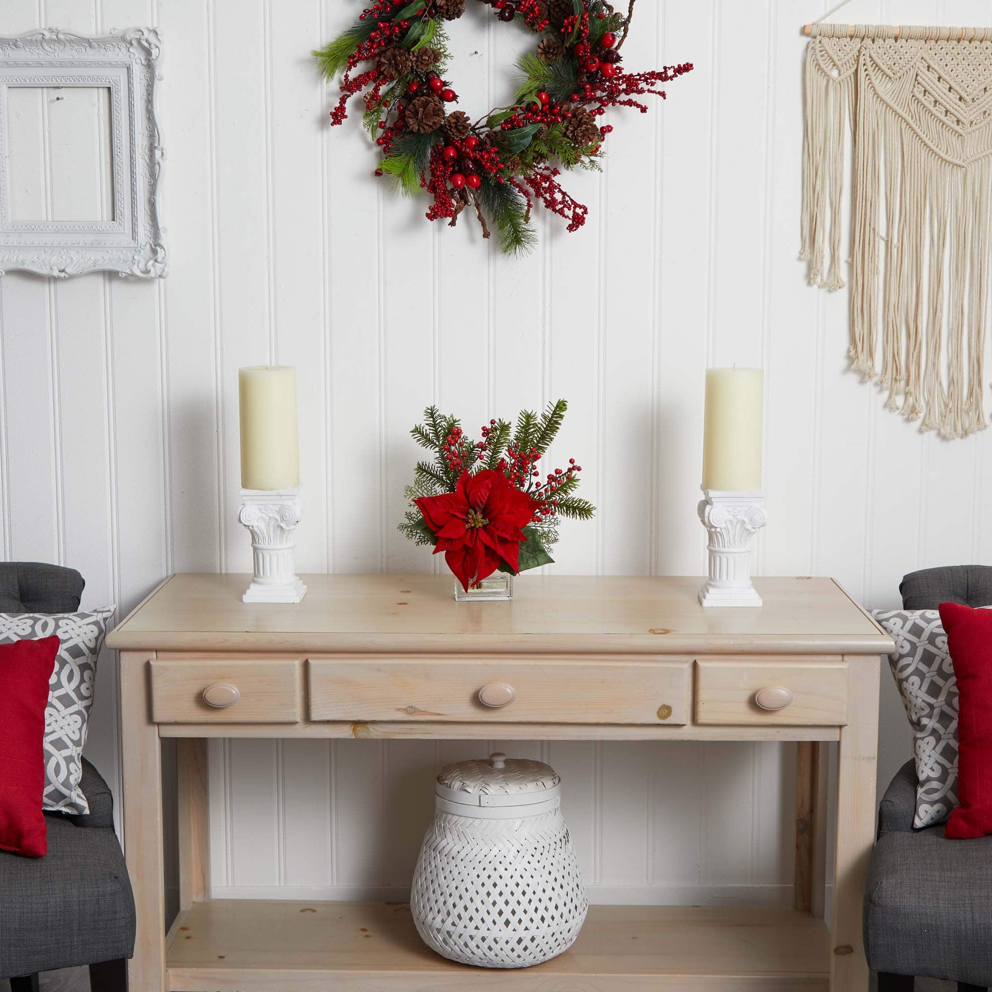 14&#x22; Potted Poinsettia, Pine &#x26; Berry Artificial Arrangement