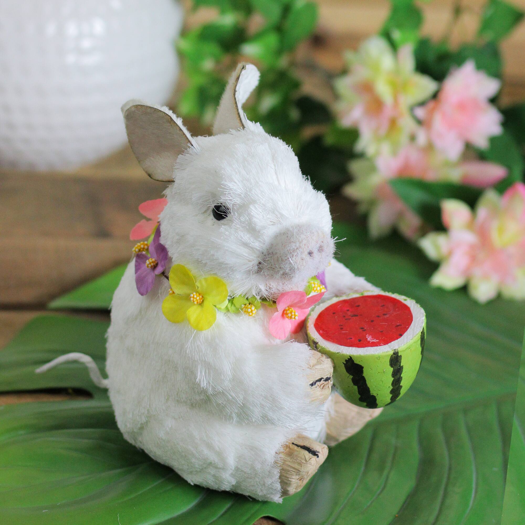 7" White Sisal Piglet with Floral Lei and Watermelon Figure