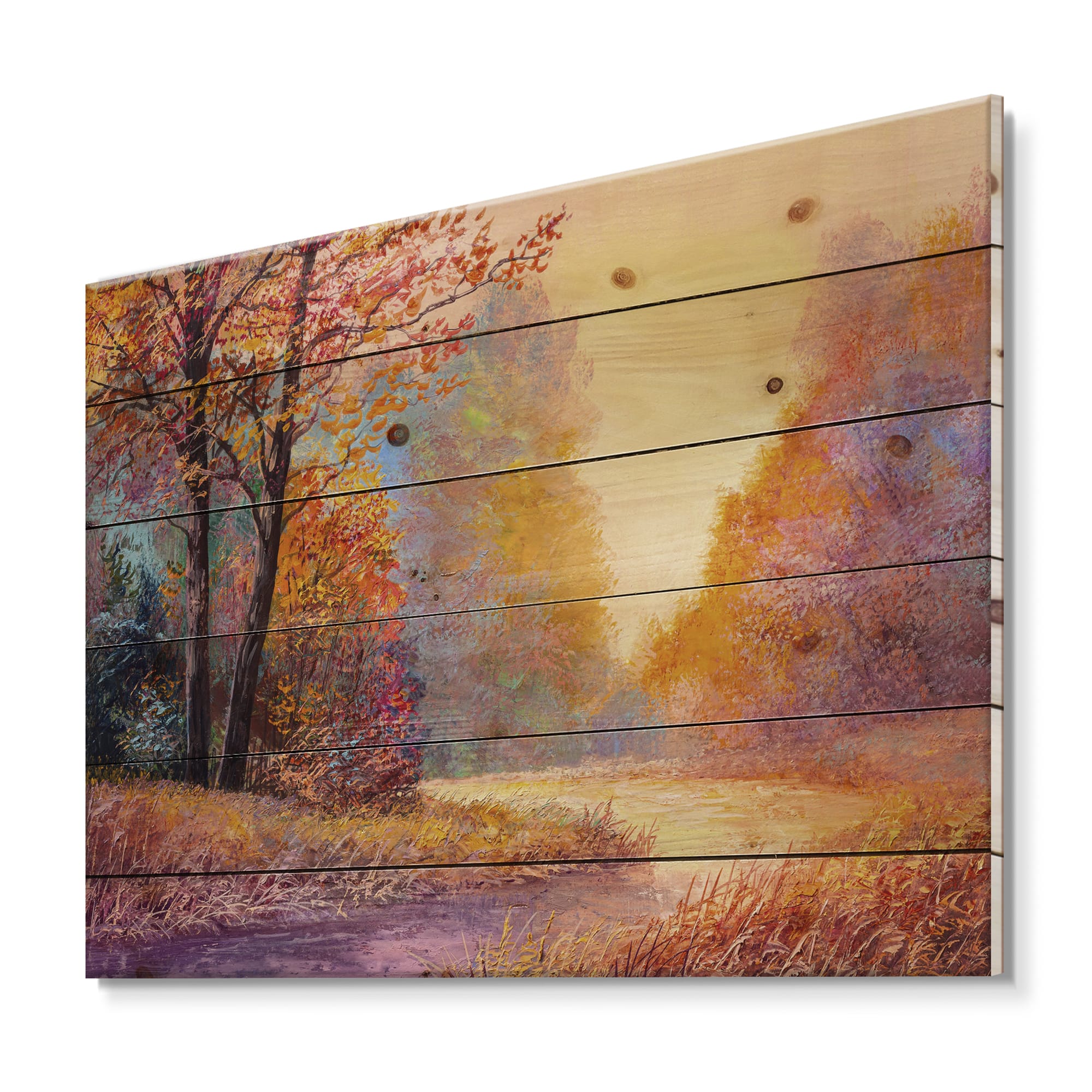 Designart - Path In The Autumn Forest Orange Leaves Landscape - Lake House Print on Natural Pine Wood