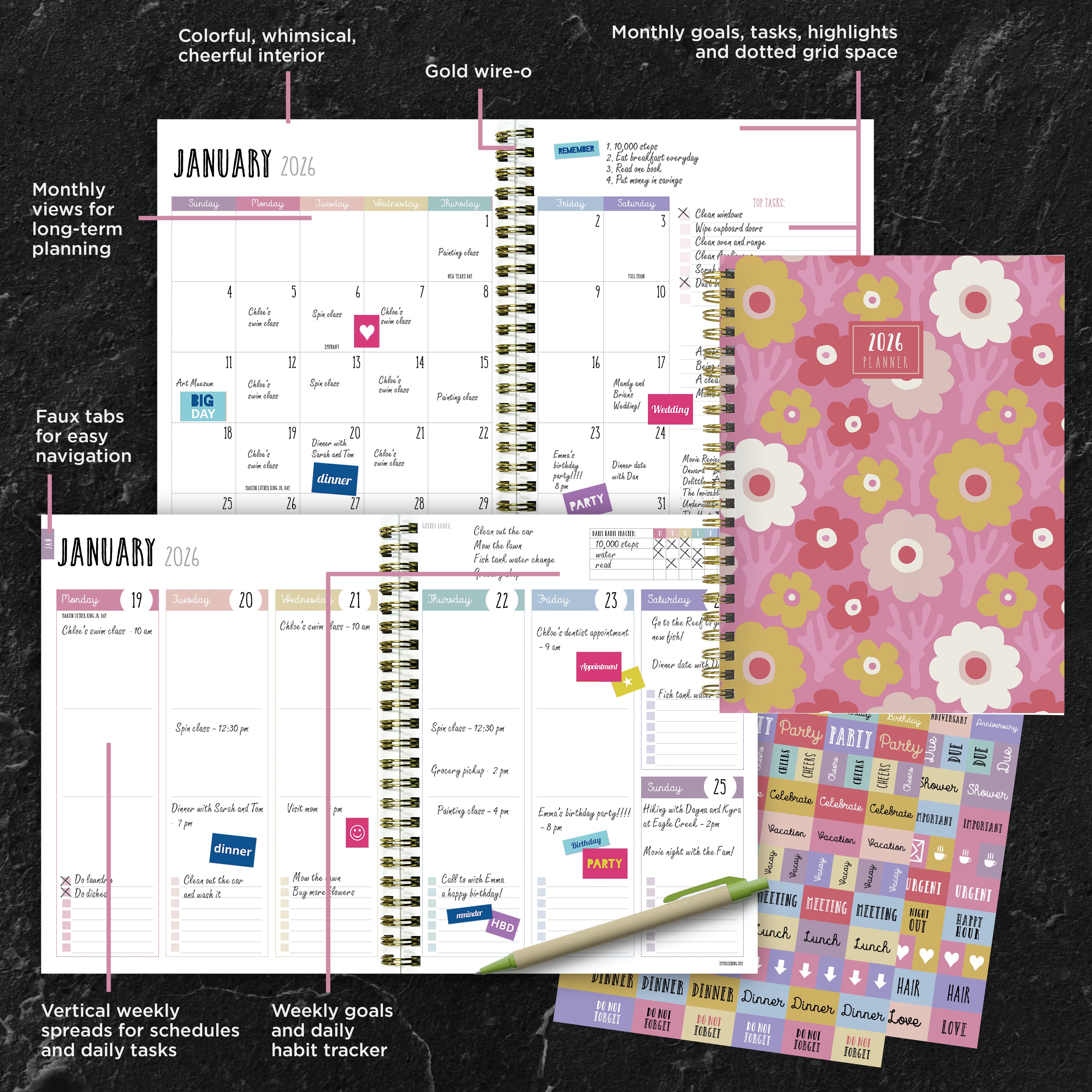 2026 Pink Pretty Petals Medium Weekly Monthly Planner