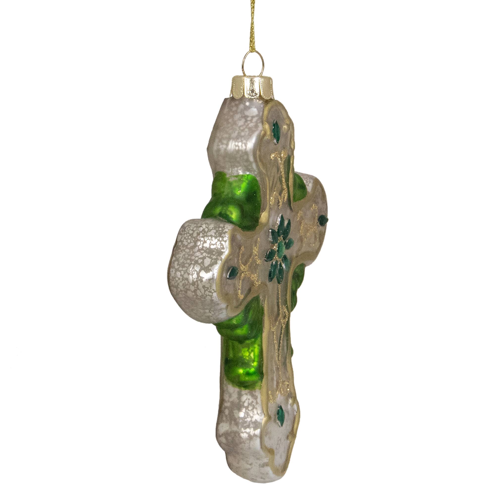 5" Luck of the Irish Green & White Mercury Glass Cross Christmas Ornament
