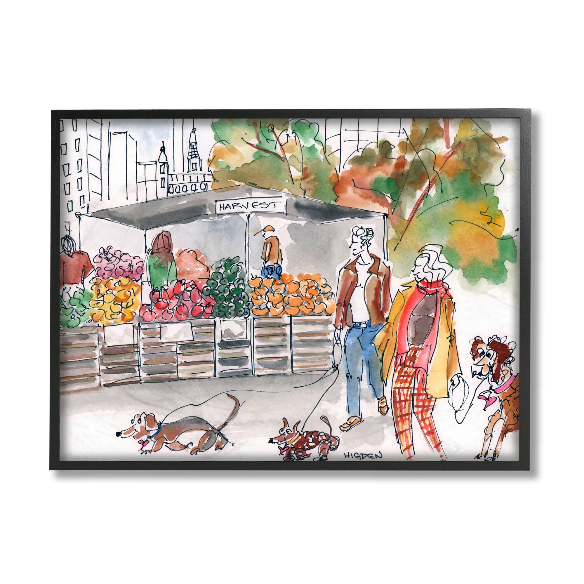 Stupell Industries Farmers Market Illustration City Dog Walkers in Frame Wall Art