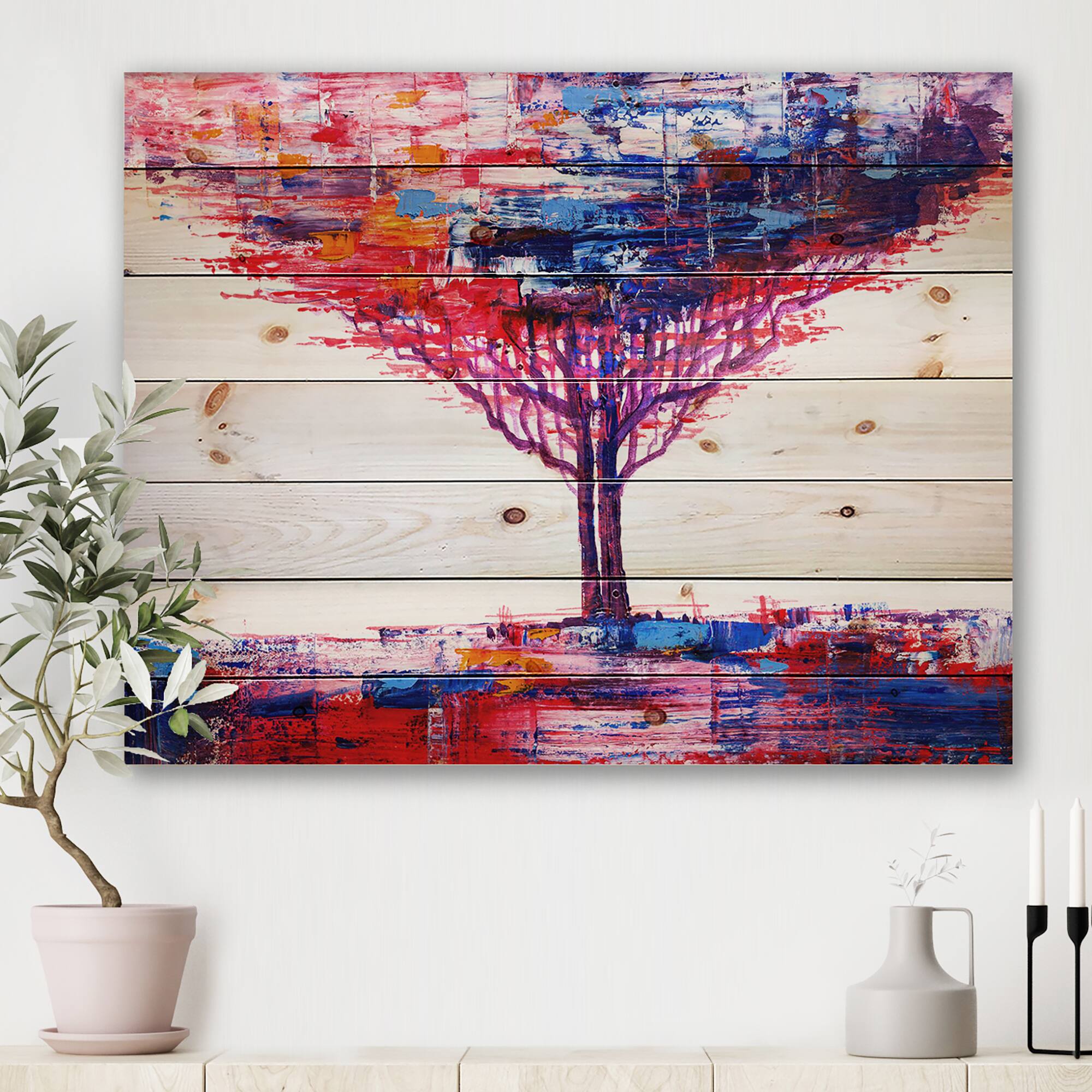 Designart - Colorful Abstract Tree Impressionist On A White - Modern Print on Natural Pine Wood