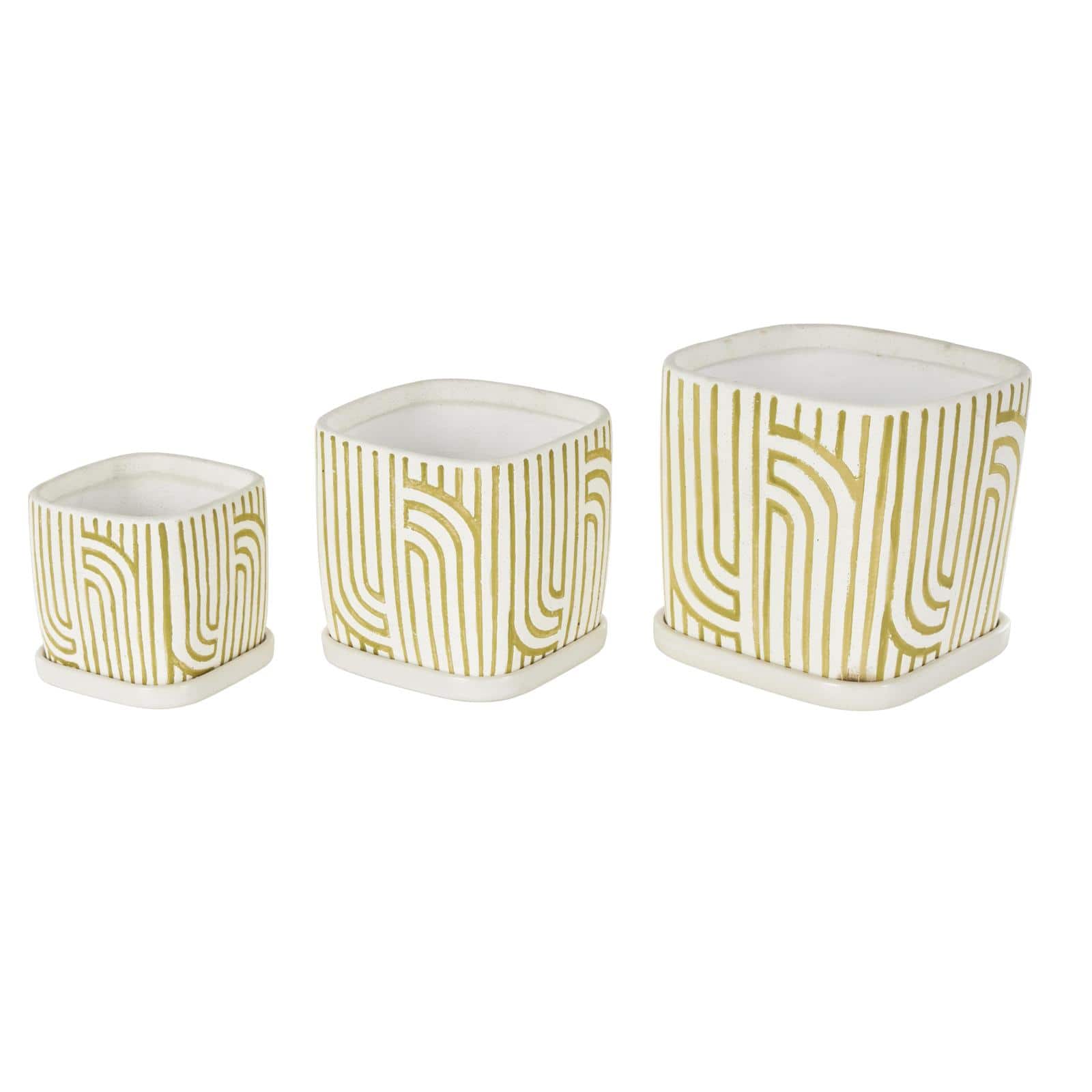 Green Geometric Linear Arch Pattern Ceramic Planter Set