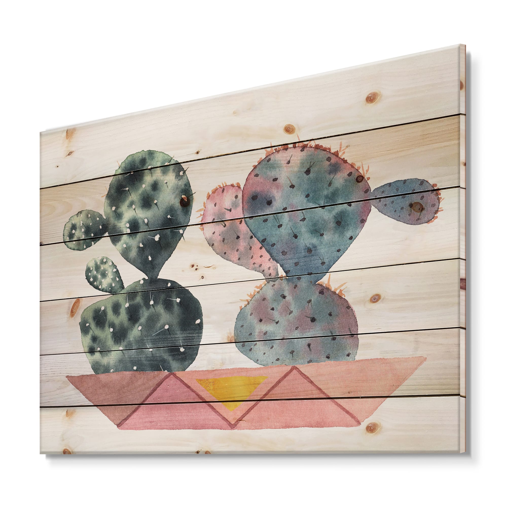 Designart - Cactus Duo In Pink Geometric Pots - Botanical Print on Natural Pine Wood