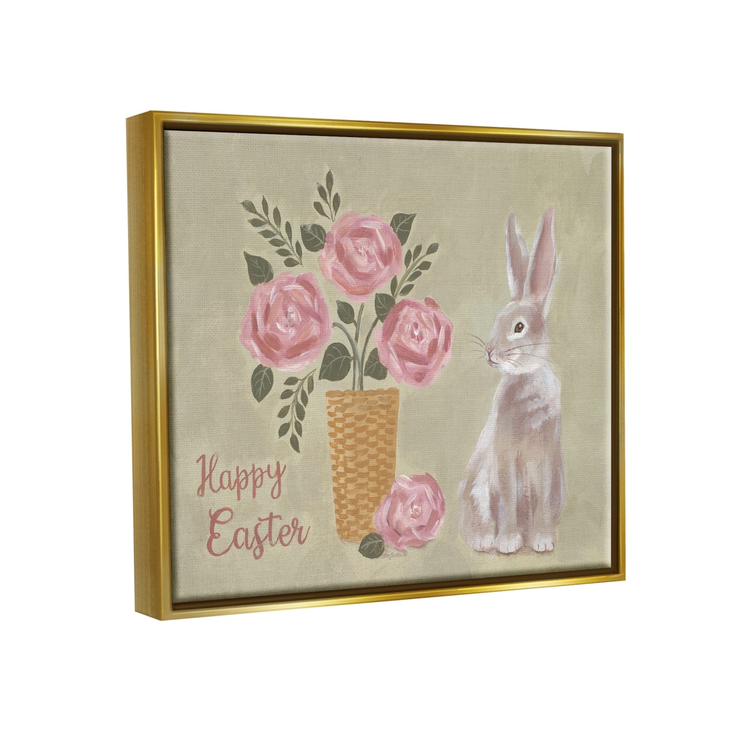 Stupell Industries Happy Easter Bunny Rose Bouquet Floater Framed Art