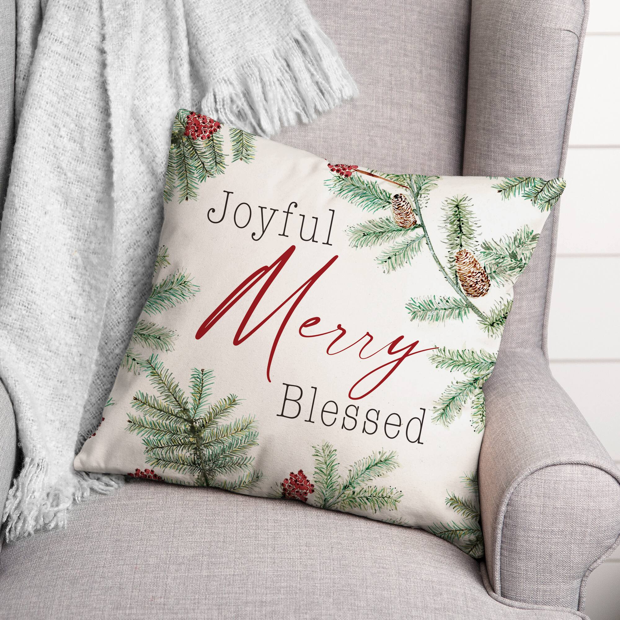 Joyful Merry Blessed 18x18 Throw Pillow