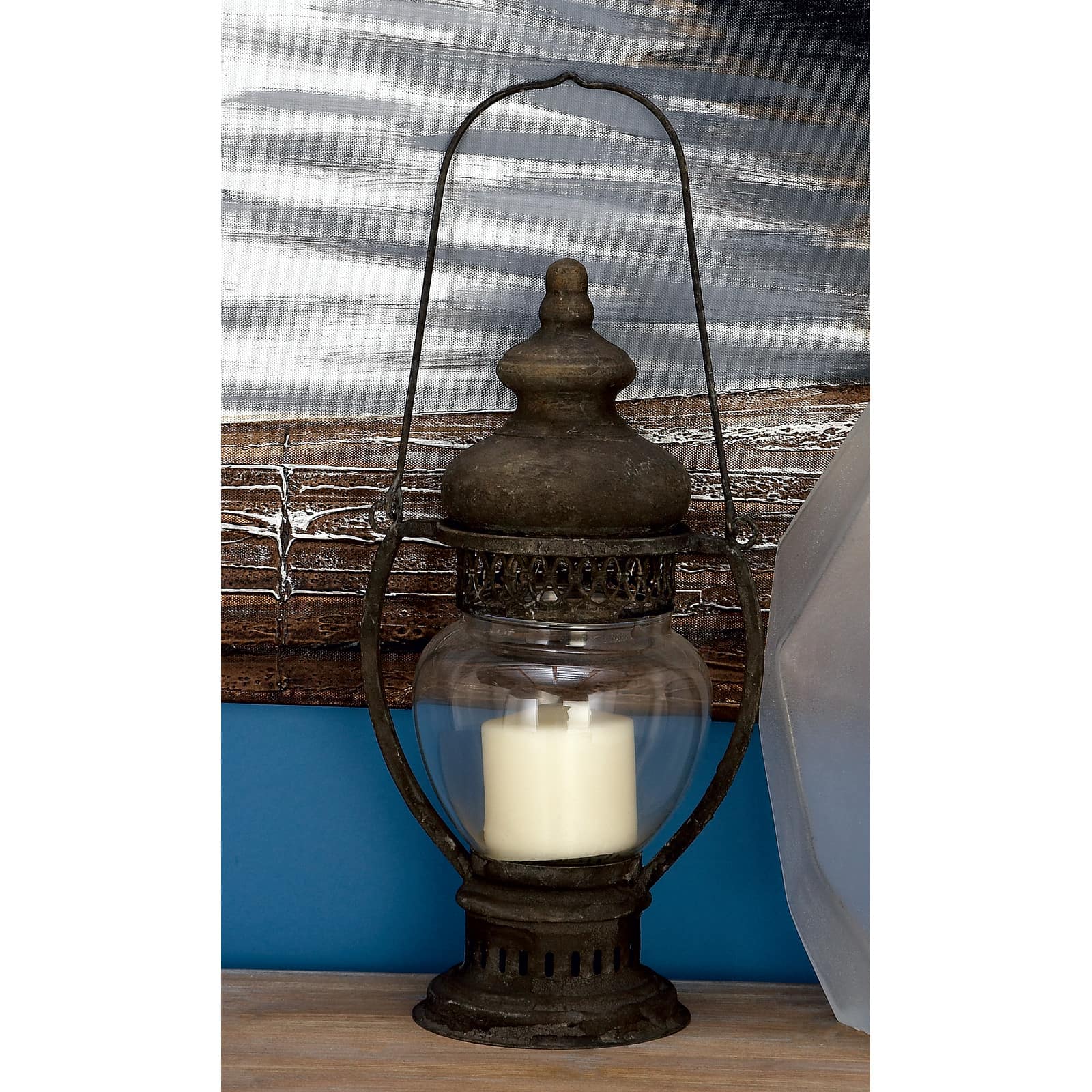 14&#x22; Brown Iron Rustic Candle Holder Lantern