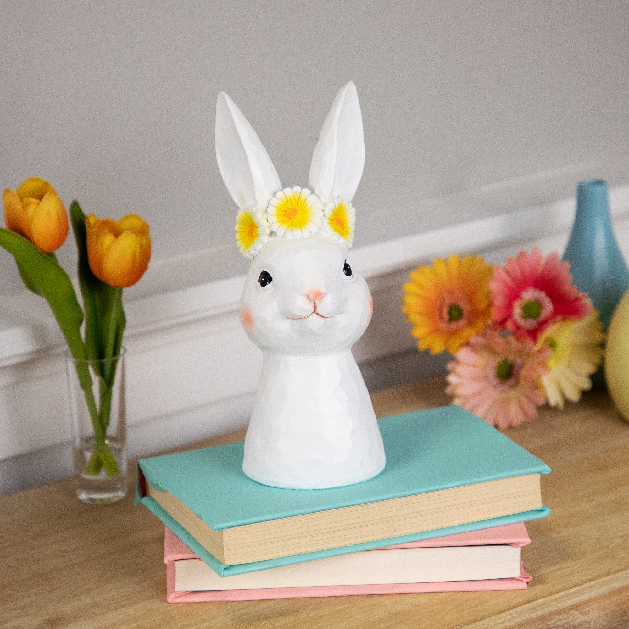 9" White Easter Bunny Bust with Daisy Flower Crown