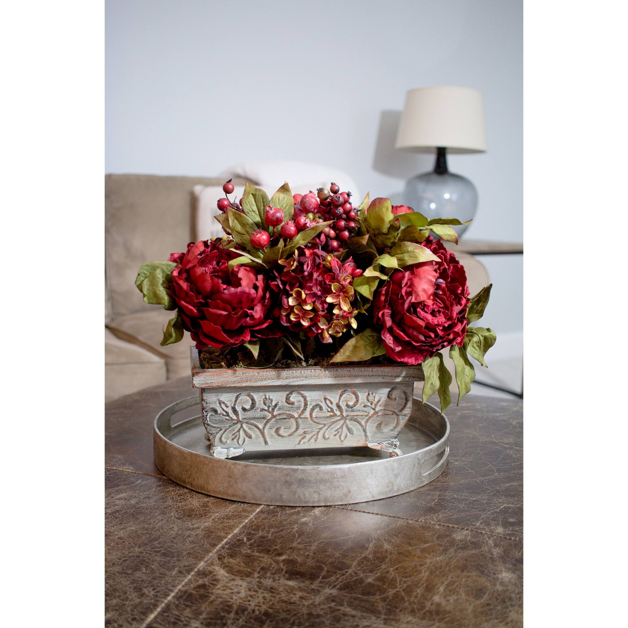 18&#x22; Red Peony &#x26; Hydrangea Arrangement in Decorative Planter