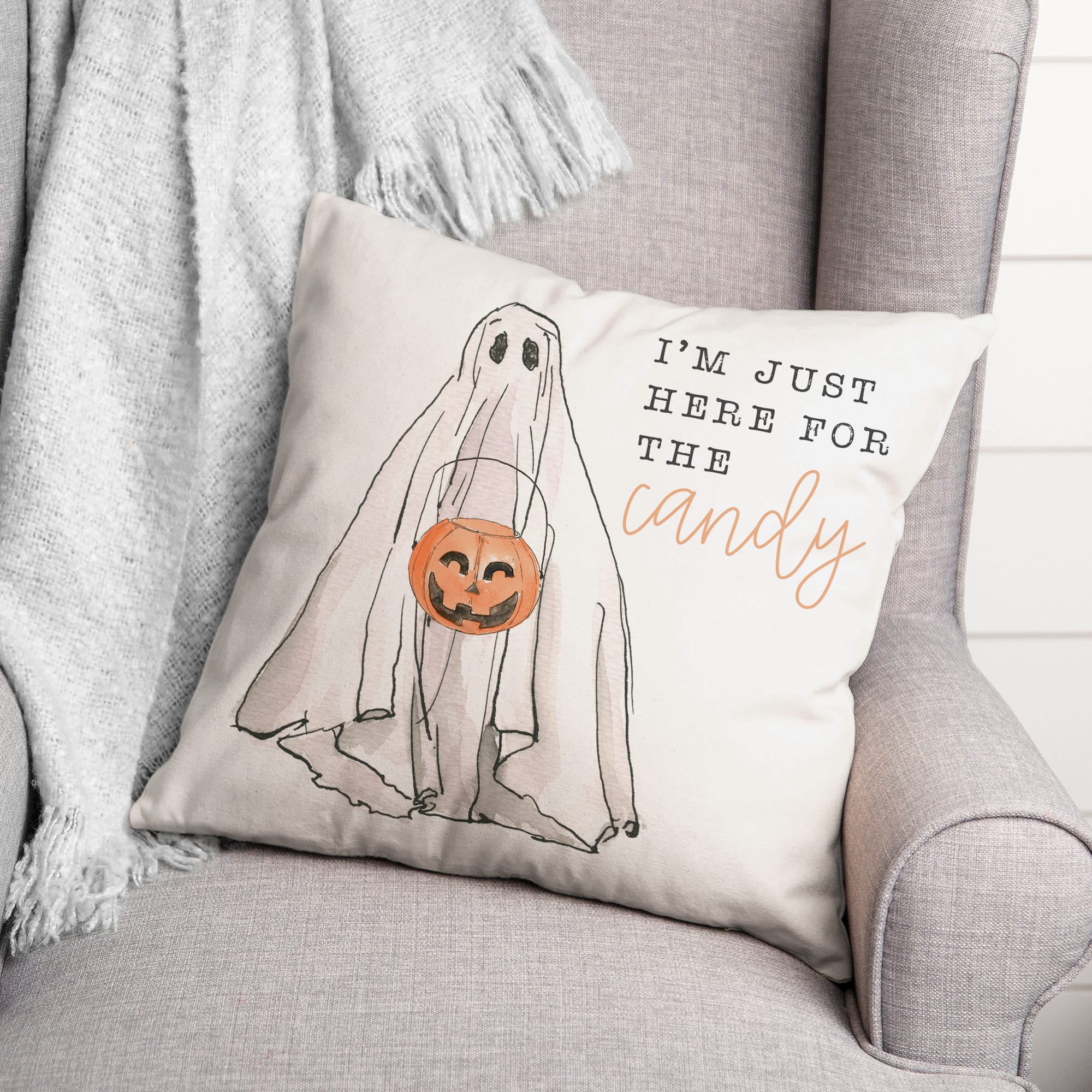 Just Here For Candy Ghost Throw Pillow