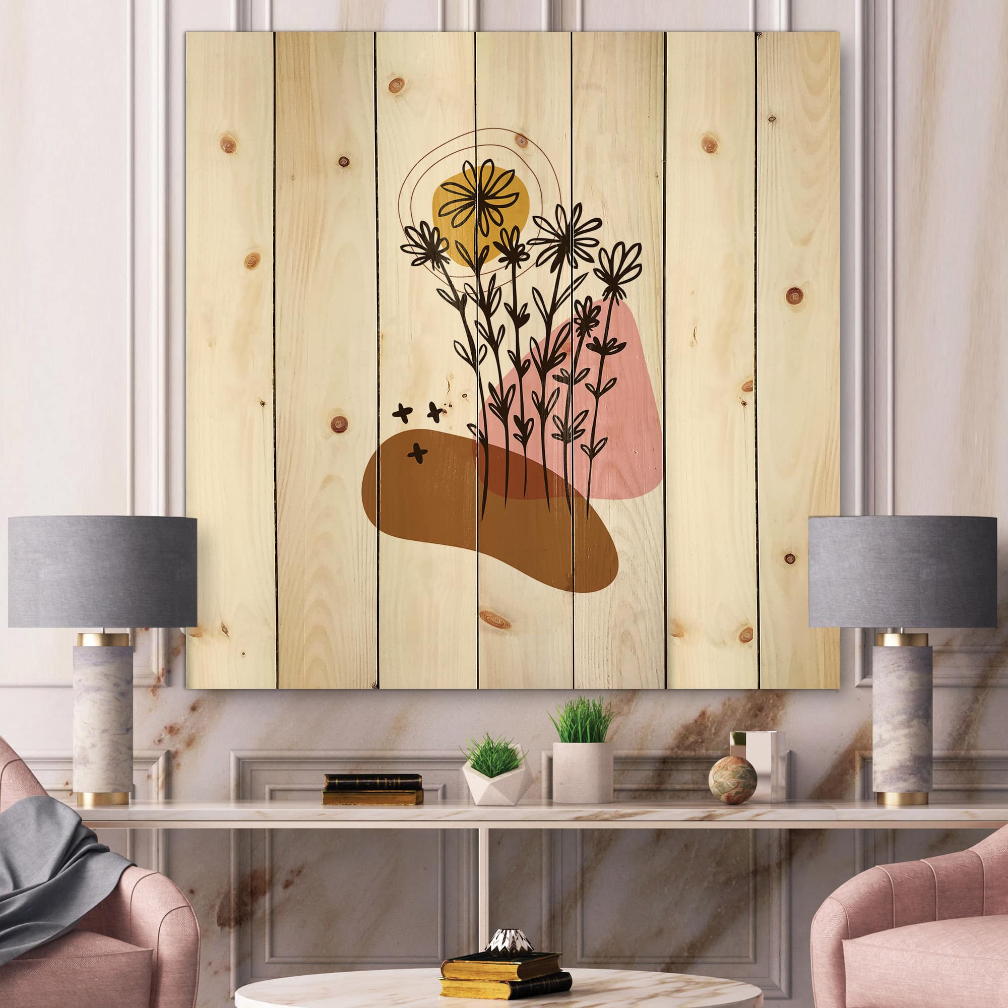 Designart - Elementary Shapes With Abstract Flowers Plants I - Modern Print on Natural Pine Wood