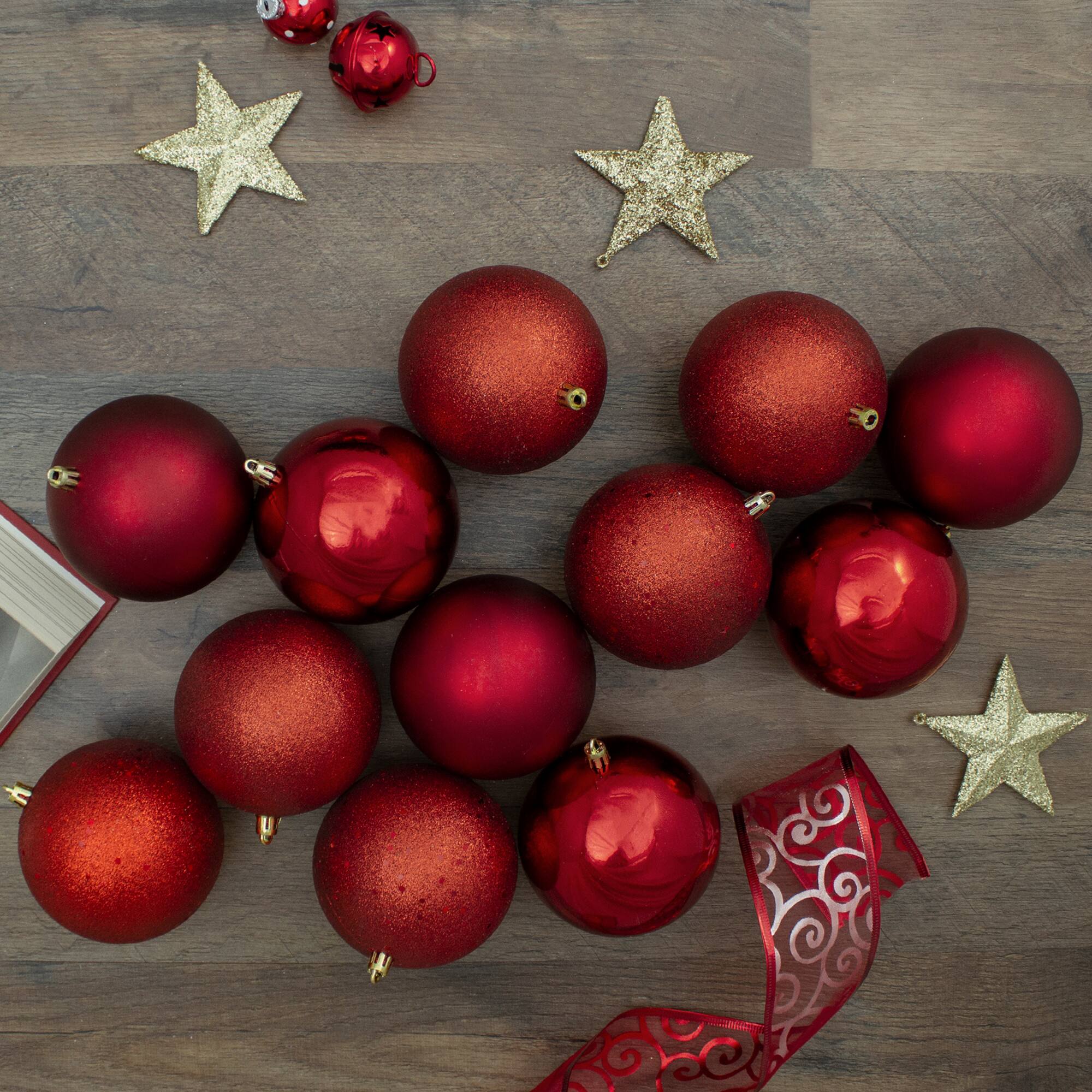 12ct. 4&#x22; Red Shatterproof 4-Finish Christmas Ball Ornaments