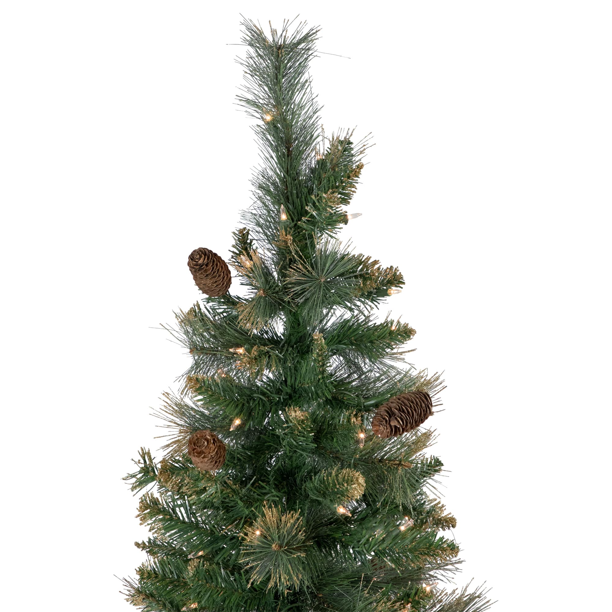 7ft. Pre-Lit Yorkshire Pine Pencil Artificial Christmas Tree with Pinecones &#x26; Gold Glitter, Clear Lights