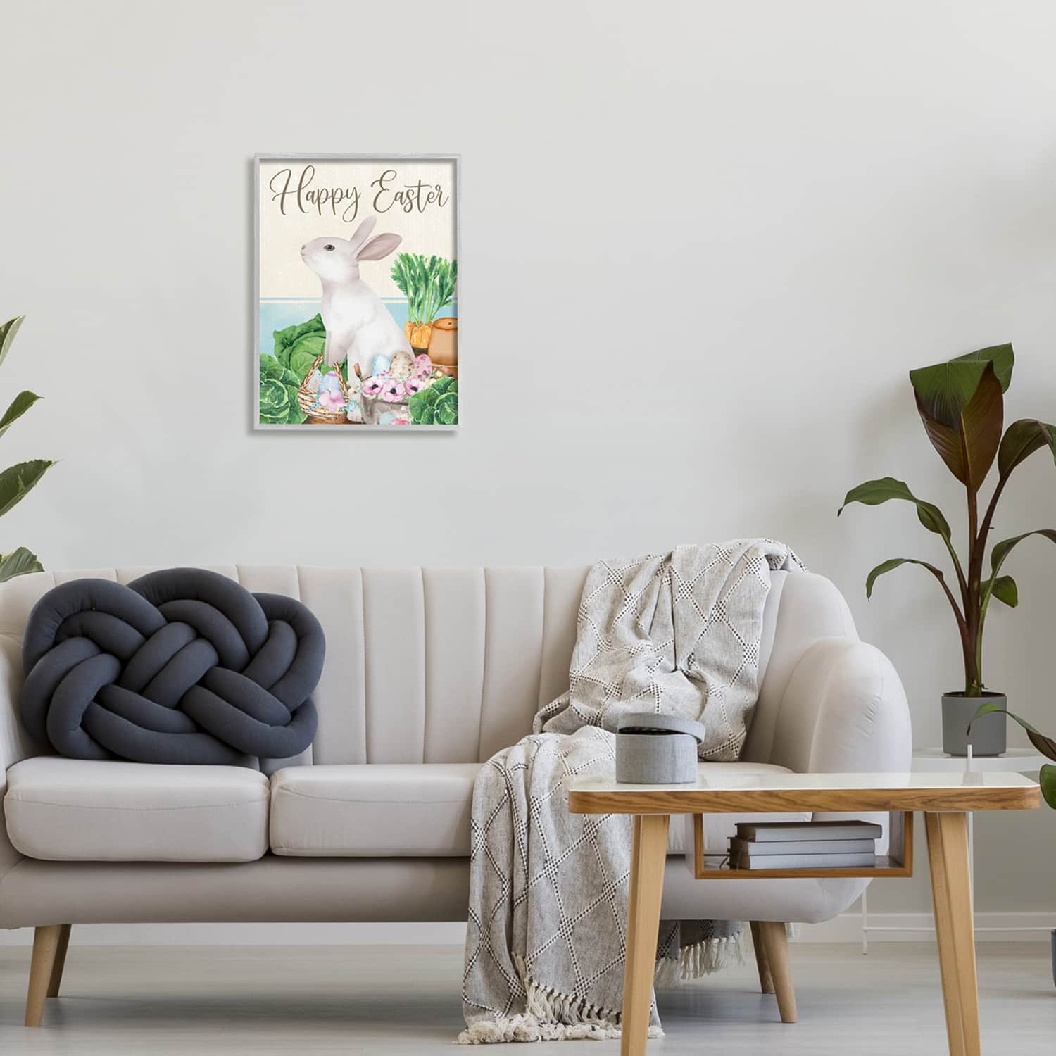 Stupell Industries Happy Easter Bunny Rabbit Greens Eggs Basket Framed Giclee Art