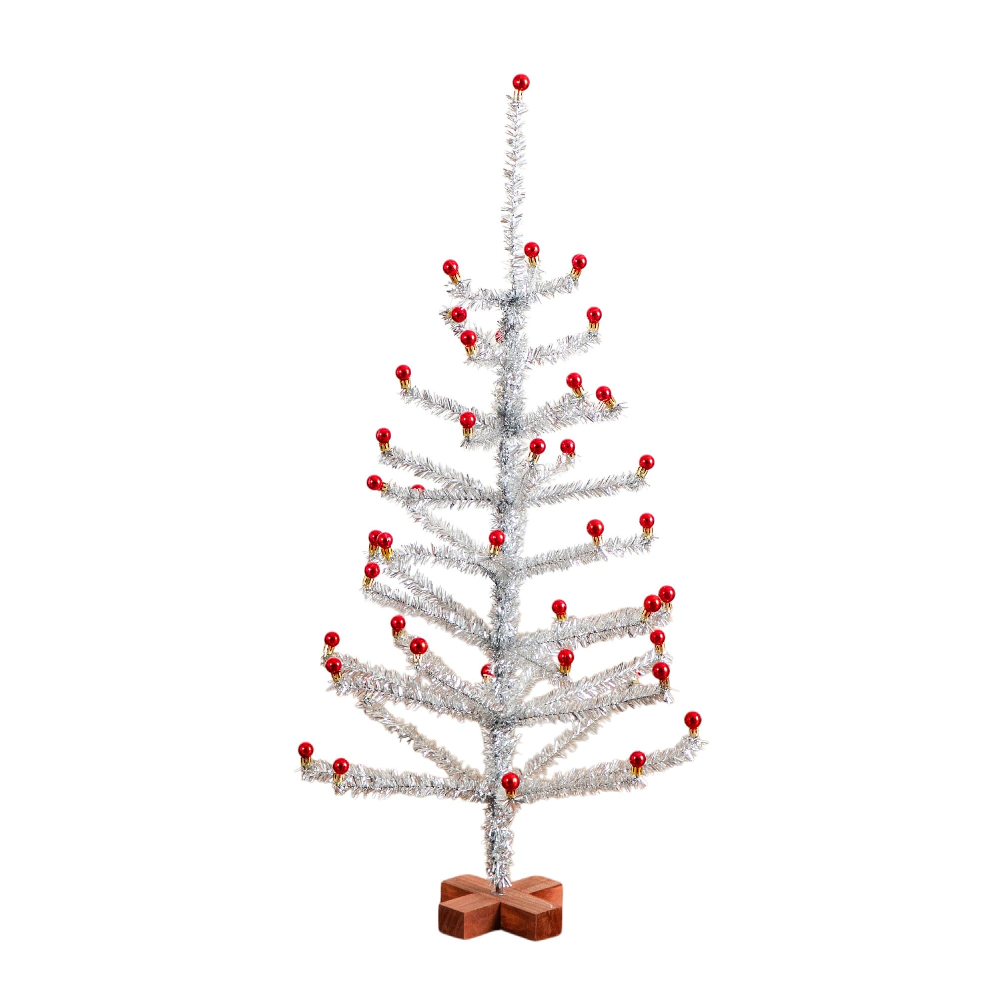 3ft. Artificial Retro Silver Tinsel Christmas Tree with 45 Red Mini Ornament Balls and Wooden Base