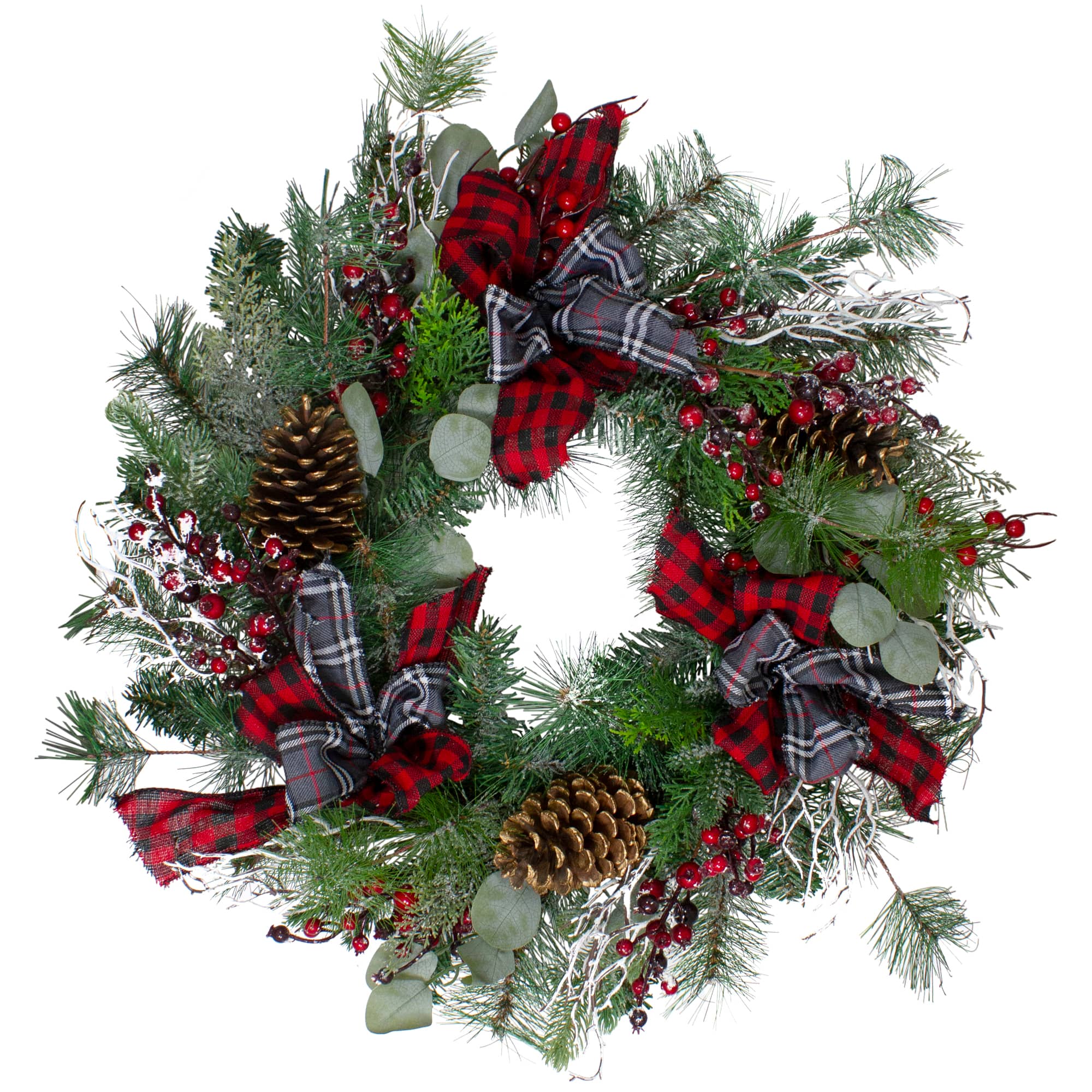 24" Flocked Dual Plaid And Berries Artificial Wreath
